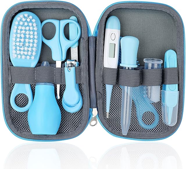 Baby Grooming Kit, 10 Pcs Newborn Healthcare Accessories, Portable Baby Essentials Set with Hair Brush Comb Nail Clipper Thermometer for Nursery Infant Girls Boys