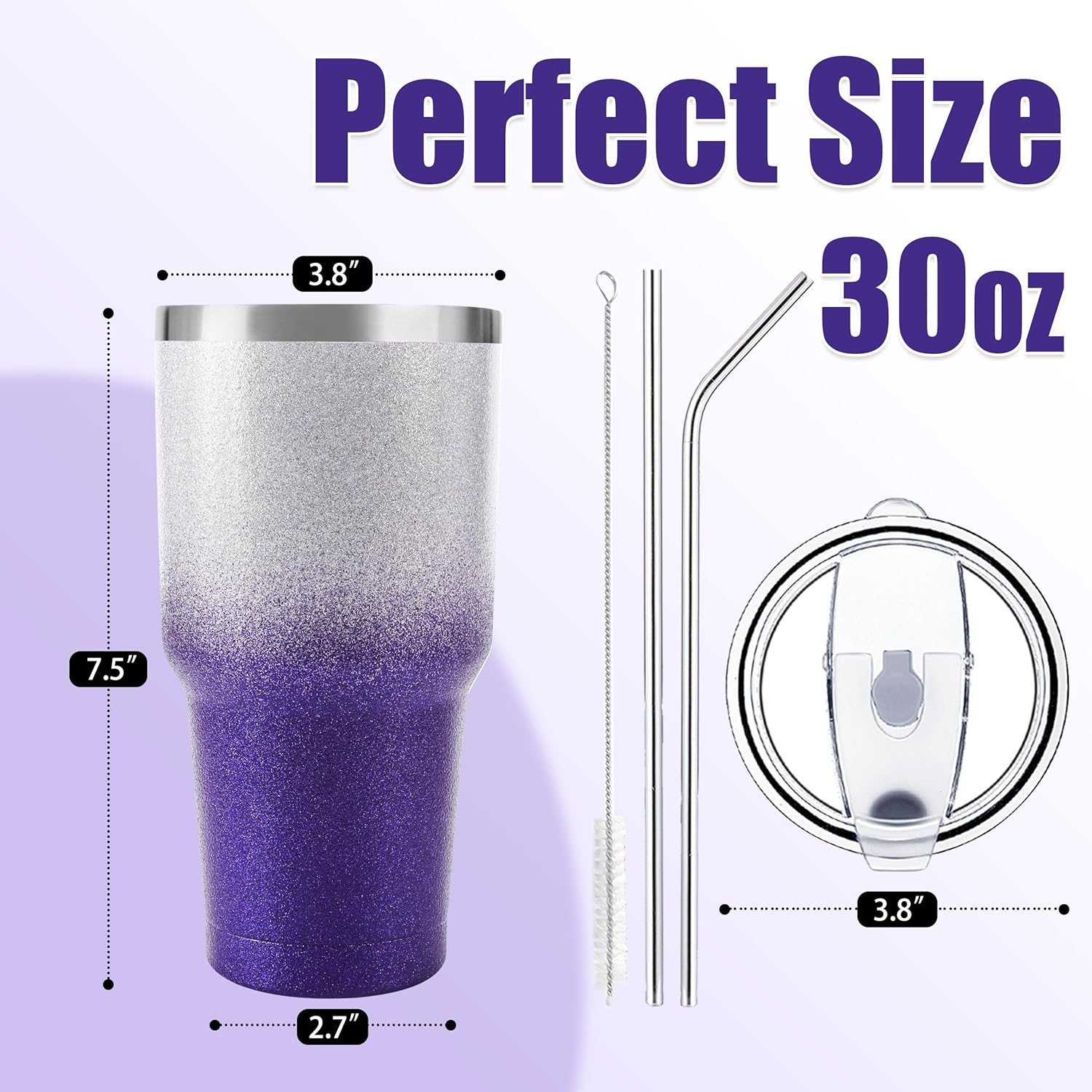 D·S 30 oz Tumbler Purple Glitter Gradient Cup Stainless Steel Double Wall Vacuum Insulated Mug with Straw and Lid, Cleaning Brush for Cold and Hot Beverages - Image 2
