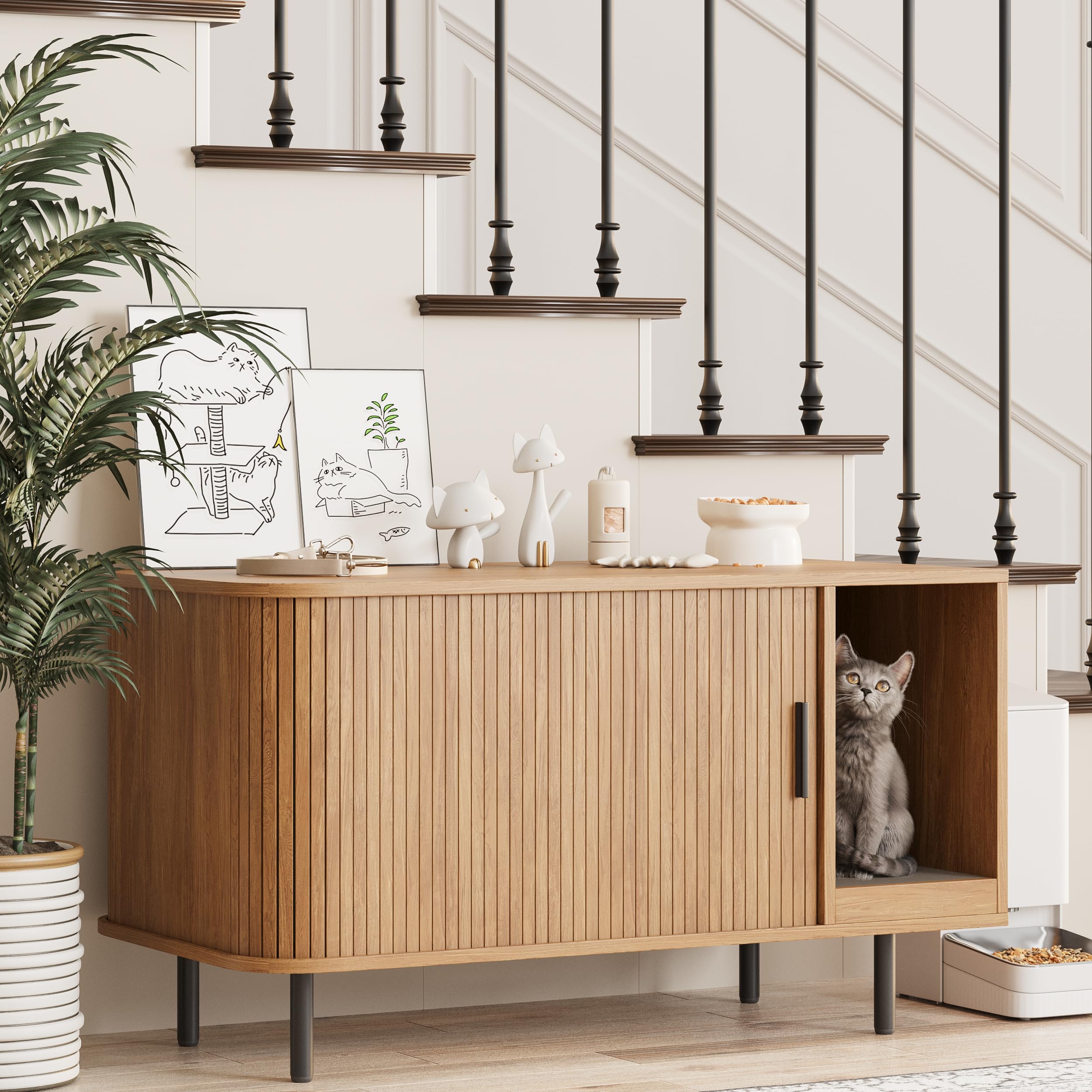 Cat Litter Box Enclosure with Cat Scratch Pad, Sliding Door, 37.4" Litter Box Enclosure Furniture Hidden Litter Box, Modern Indoor Cat House, TV Stand, Side End Table for Living Room, Natural