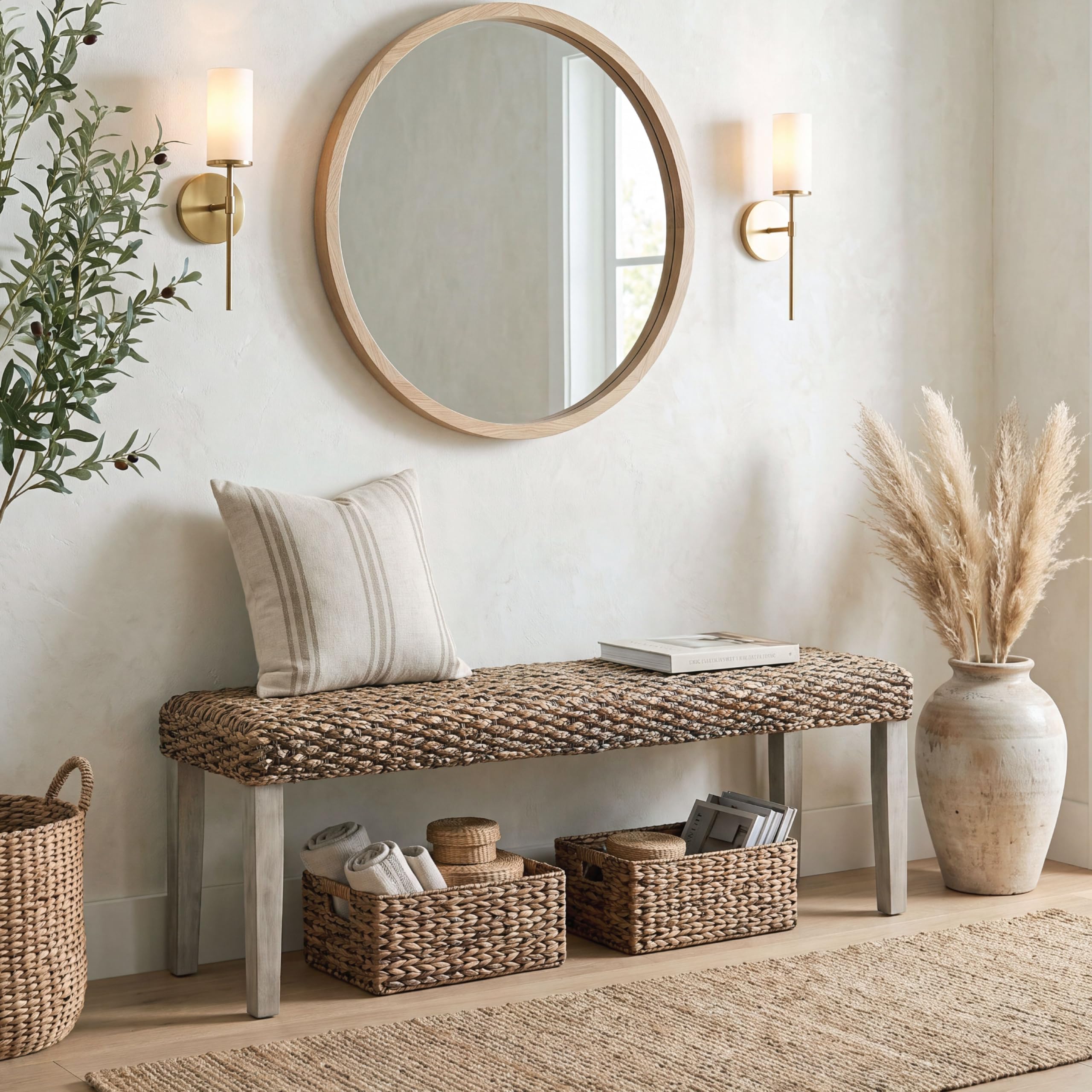 Solid Acacia Wood Bench with Natural Woven Water Hyacinth Seat, Grey Leg