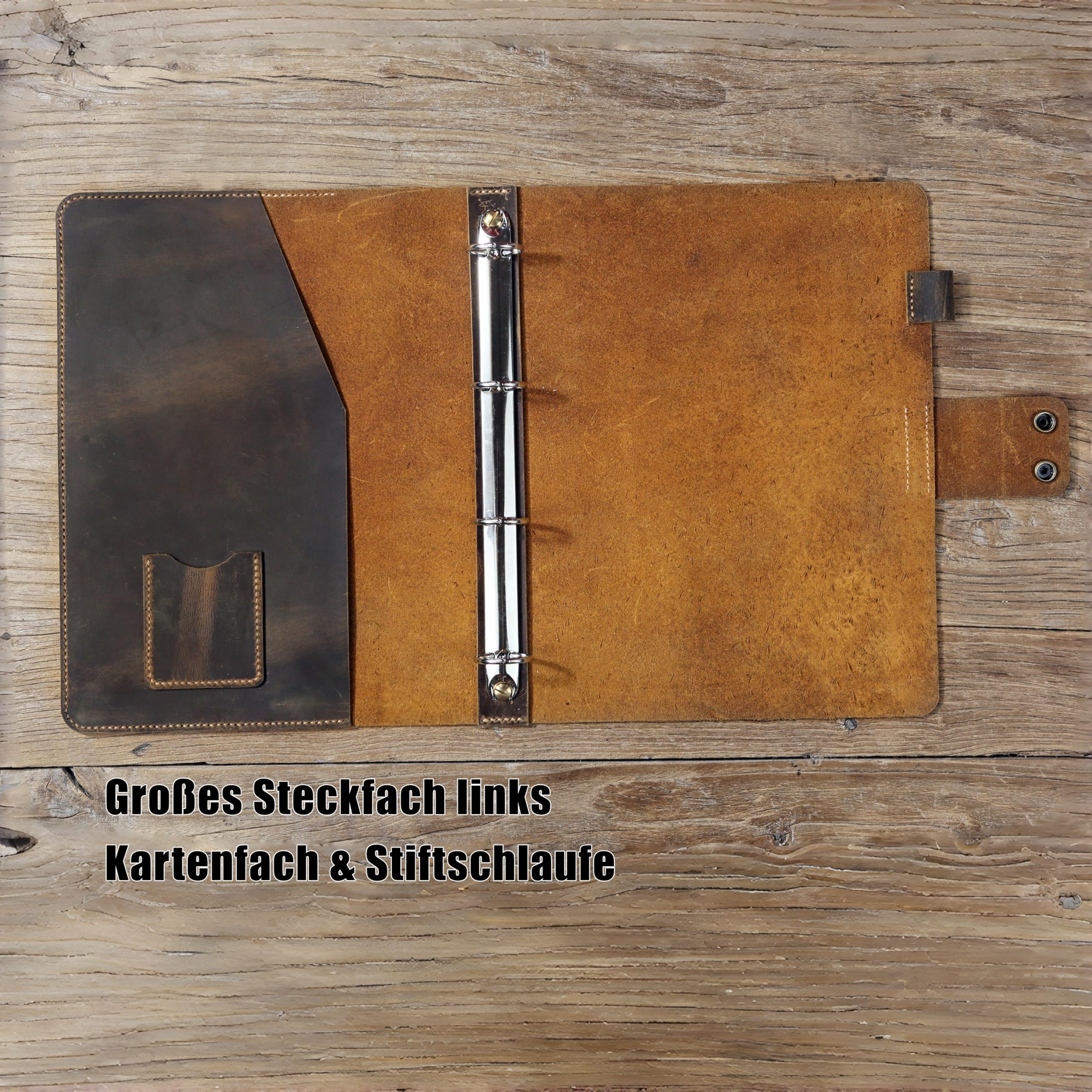 Personalisiertes Leder A4 Ringbuch Ordner – DIN A4 Mappe mit 4-Ring-Mechanik (25 mm), Vollnarbenleder im Vintage-Look „Crazy Horse“, handgenäht, 32×25 cm – ideal fürs Büro, Studium & als Geschenk