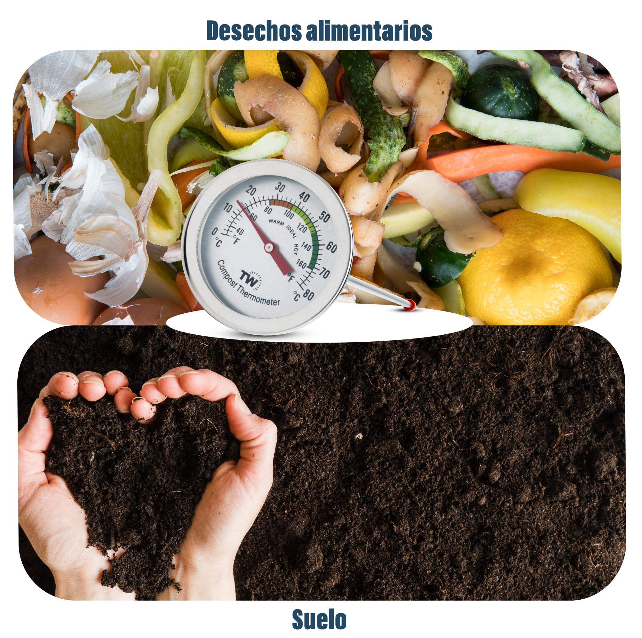 Termómetro de compost, termómetro de esfera de acero inoxidable, para compostaje en el hogar y el patio trasero, 50 mm de diámetro, esfera C & F — view 7