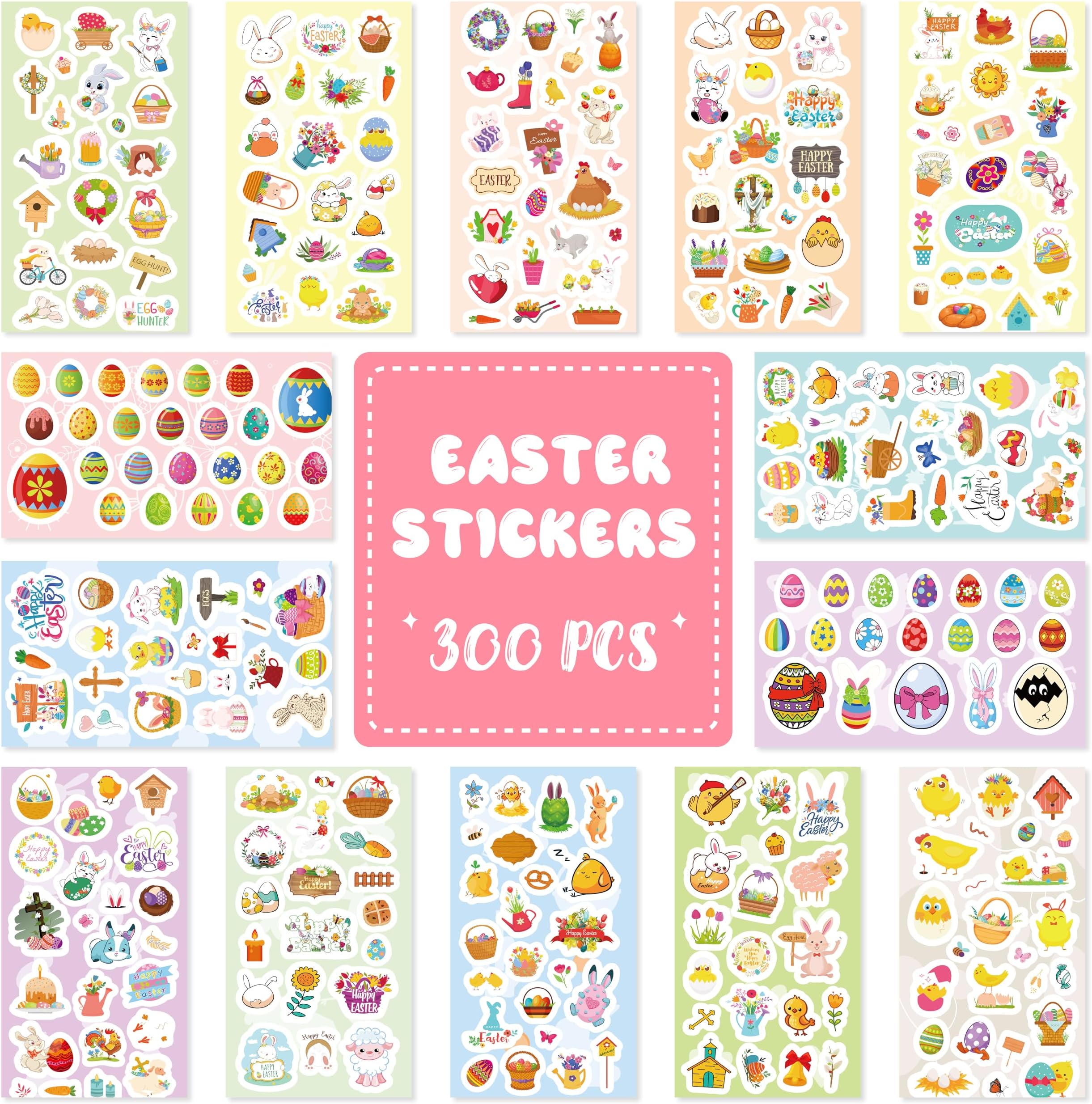 AUXHCYL Easter Stickers for Kids - Over 300 Happy Easter Bunny Stickers for Party Bag Fillers, Self Adhesive Sticker for Scrapbooking, Crafts, Decorating Cards Gifts - Rabbit Egg Chick Sticker