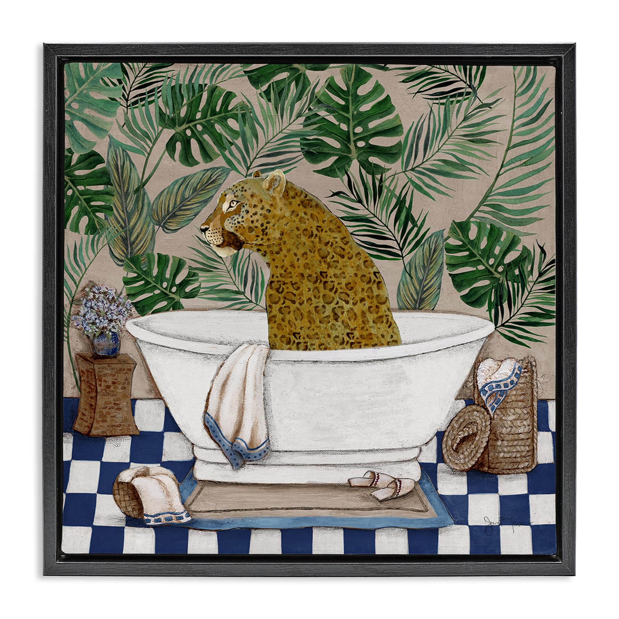 'Leopard in Tropical Bathtub'| Floating Frame Canvas Art