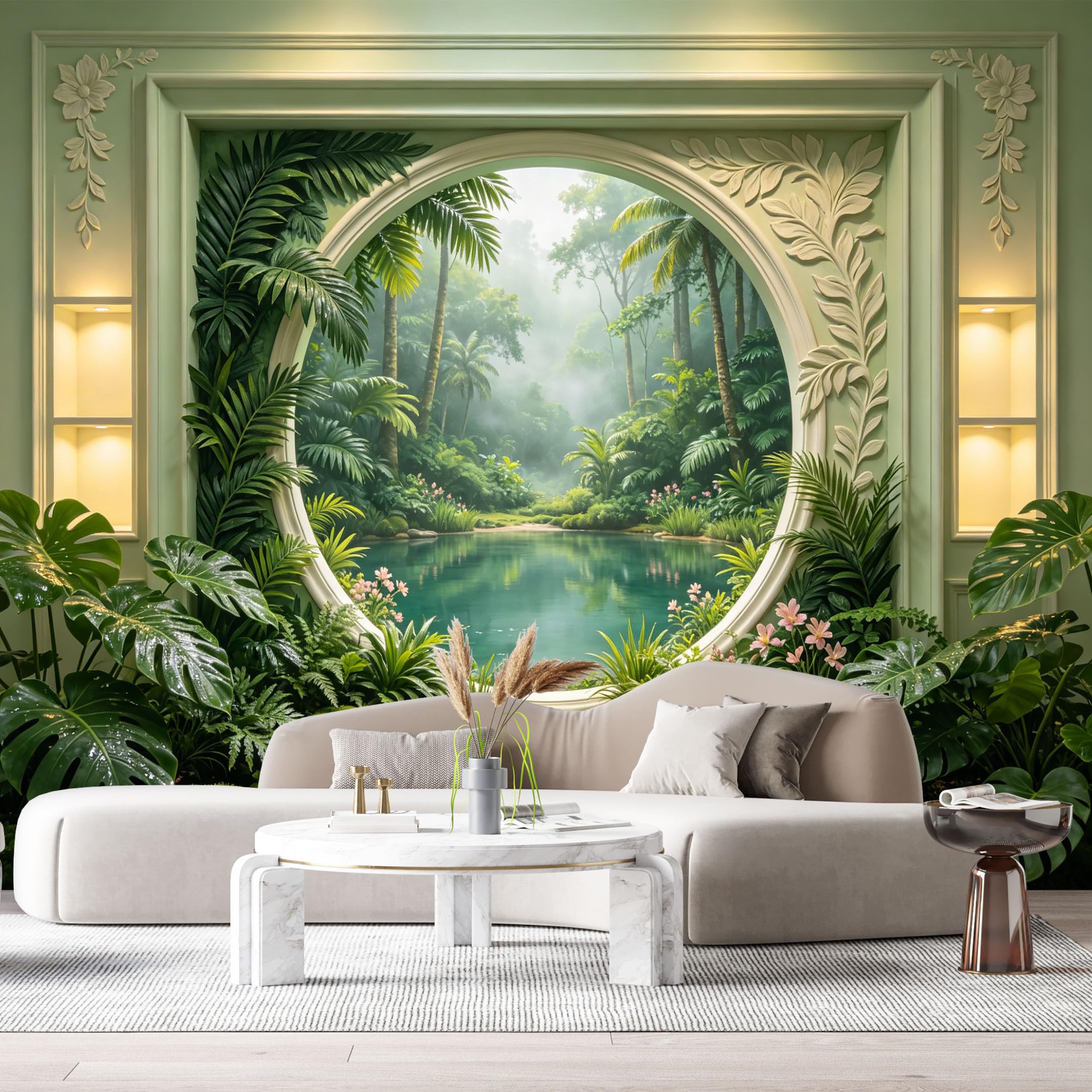 Custom Size Wall Murals Tropical Jungle Lake Window 3D Trompe L'Oeil SelfAdhesiveWall Fabric Removable Wallpaper Wall Decor for Living Room Bedroom Bathroom