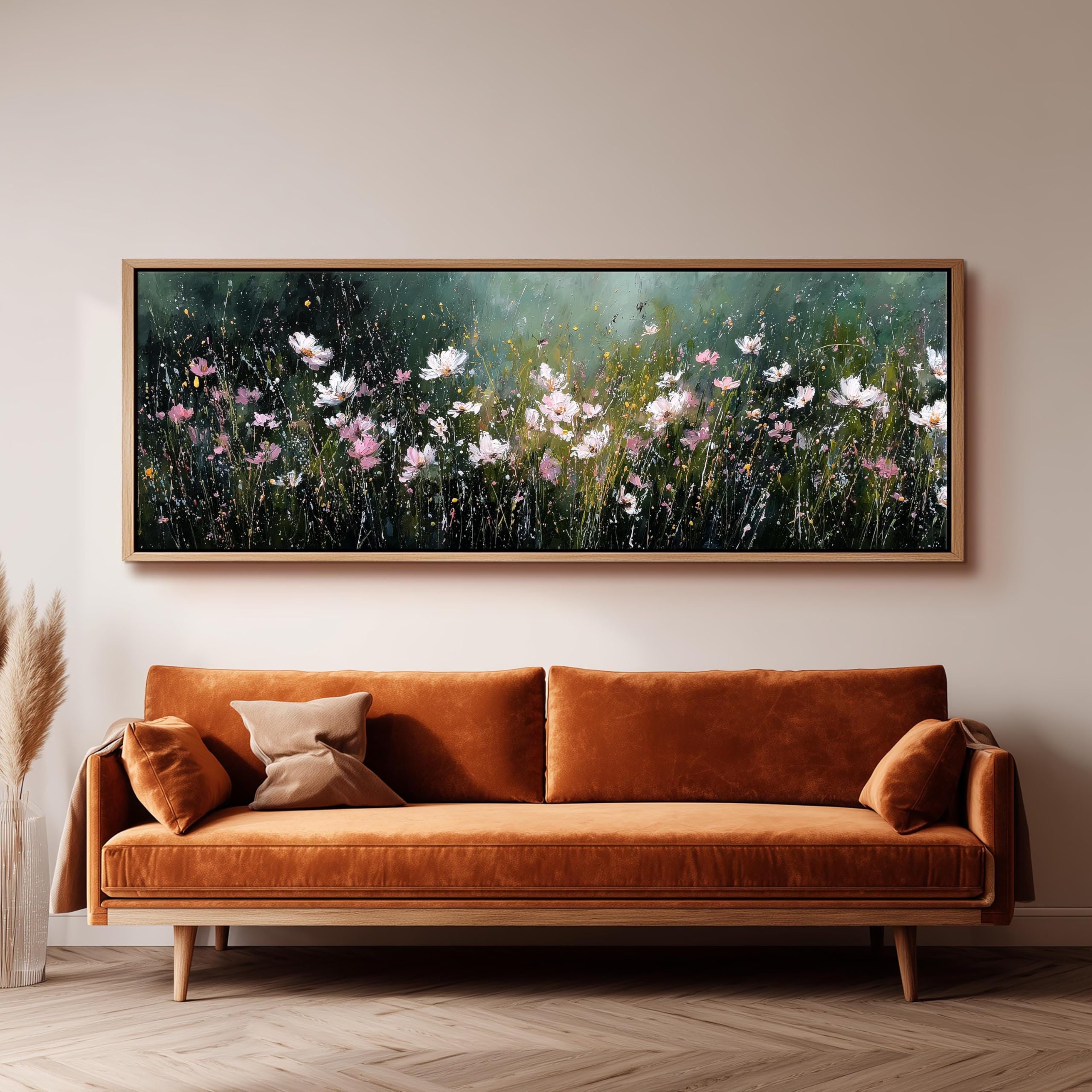 XBTYKPB Wildflower Meadow Painting, Long Panoramic Canvas Art, Dark Floral Landscape Print, Wide Horizontal Art, Sofa Wall Art(70x210cm/Frameless)