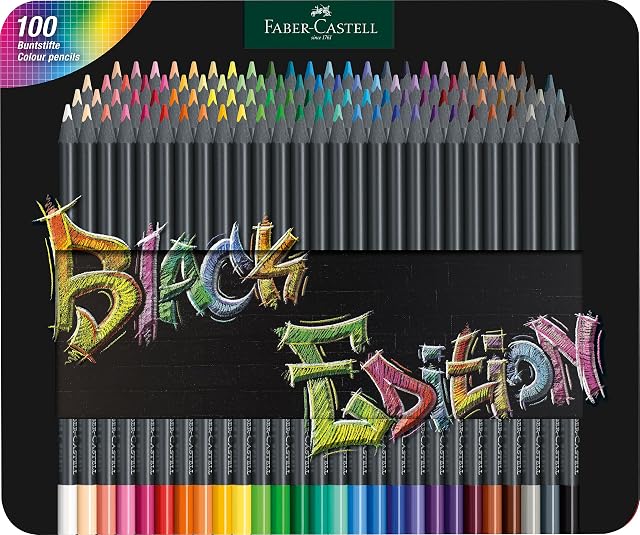 Faber-Castell 116490 - Kredki ołówkowe Black Edition, metalowe etui 100 sztuk, niełamliwe, dla dzieci i dorosłych