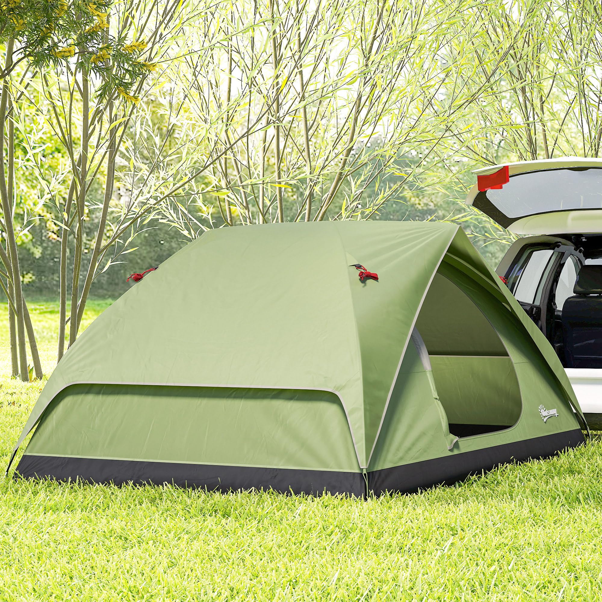 Outsunny Tenda da Campeggio Famigliare per 3 Persone Impermeabile 3000mm Tenda da Trekking a Cupola con Porta di Ricarica, Tasche, Gancio per Lanterna e Borsa da Trasporto Verde