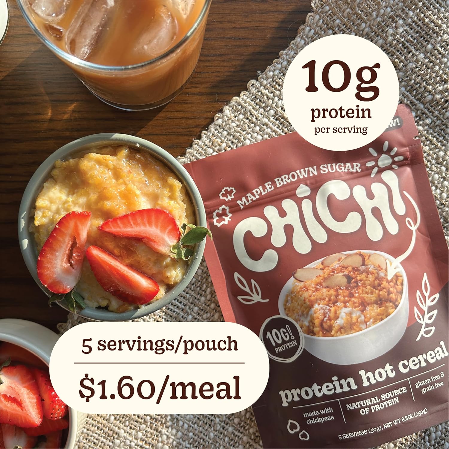 ChiChi – Protein Hot Cereal | Maple Brown Sugar (8.8 oz x 4 pouches, 20 servings) —Made with Chickpeas, Protein-packed (10g), High Fiber, Made with Simple Ingredients, Grain Free, Gluten Free, Vegan
