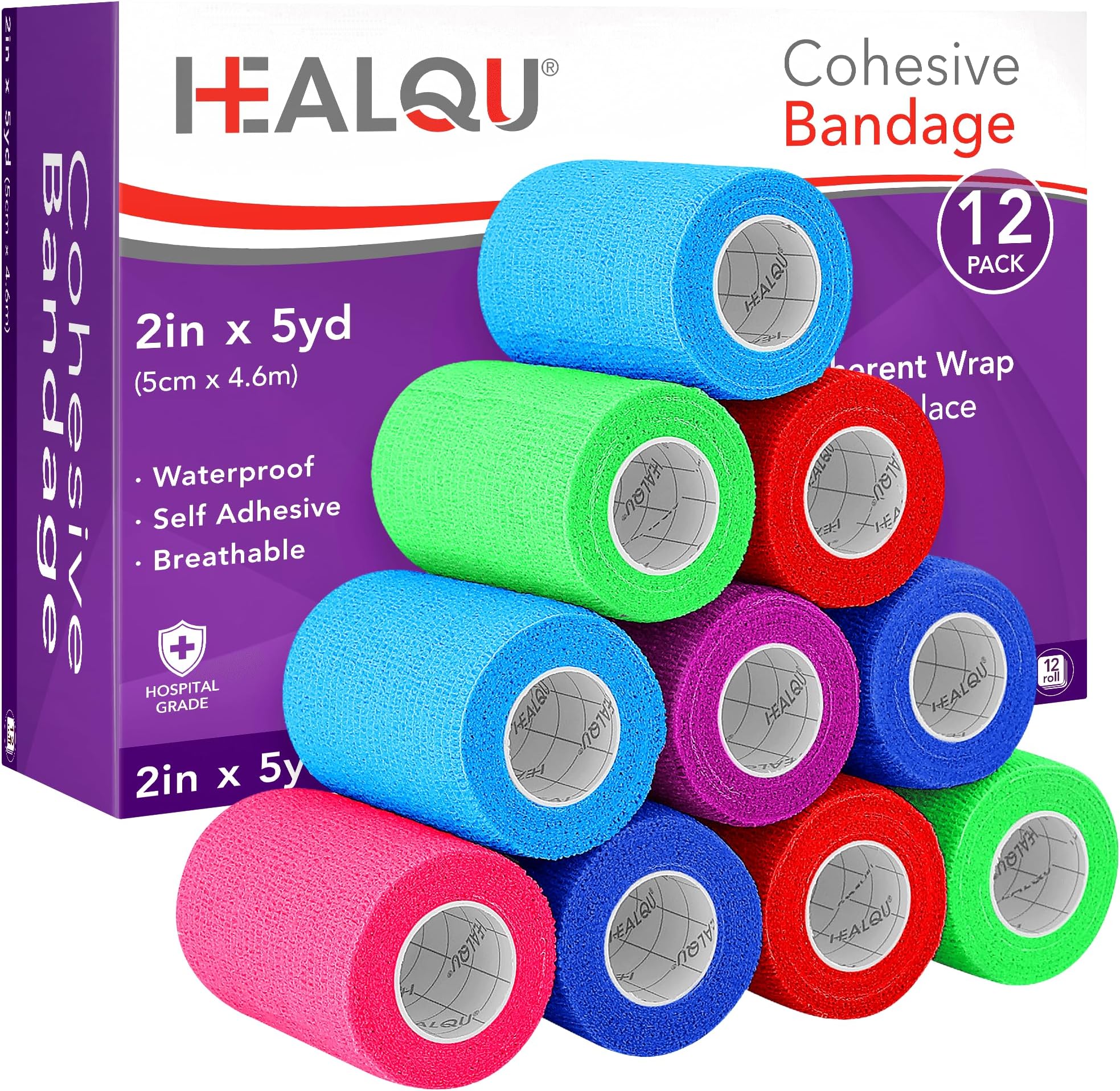 HEALQU Self Adhesive Bandage Wrap โ 12 Rolls 2in x 5yd Cohesive Tape for Athletic and Sports - Self Adherent Medical Tape, Flexible, Elastic Bandages Multicolor for Wrist & Ankle Vet Wrap for Dogs