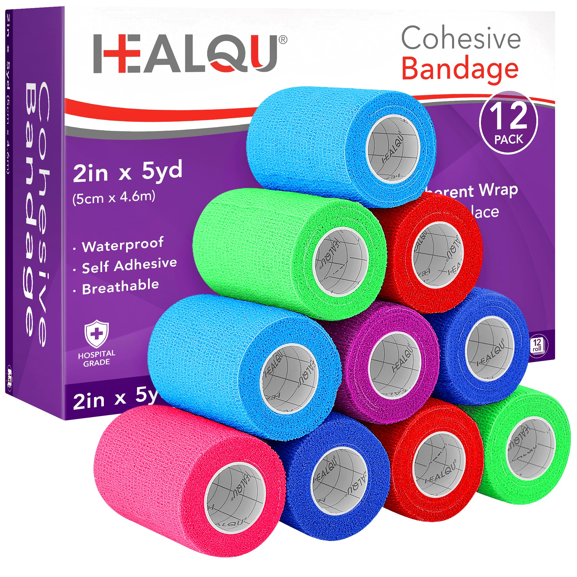 HEALQU Self Adhesive Bandage Wrap – 12 Rolls 2in x 5yd Cohesive Tape for Athletic and Sports - Self Adherent Medical Tape, Flexible, Elastic Bandages