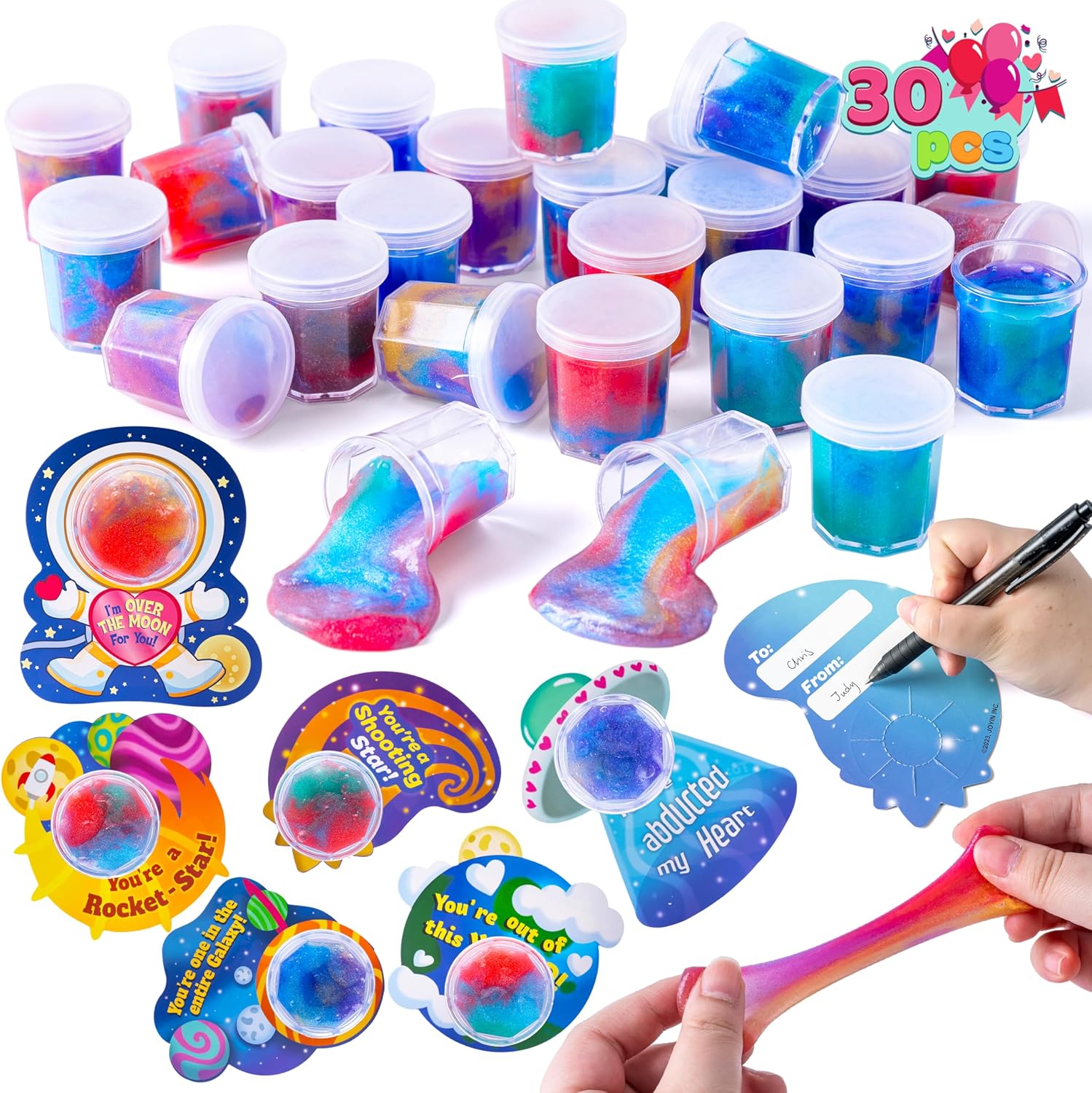 JOYIN 30 PCS Valentine Day Gift Cards with Galaxy Slime Stress Relief Fidget Toy for Kids Party Favor, Classroom Exchange Prizes, Valentines Party Favors, Greeting Cards