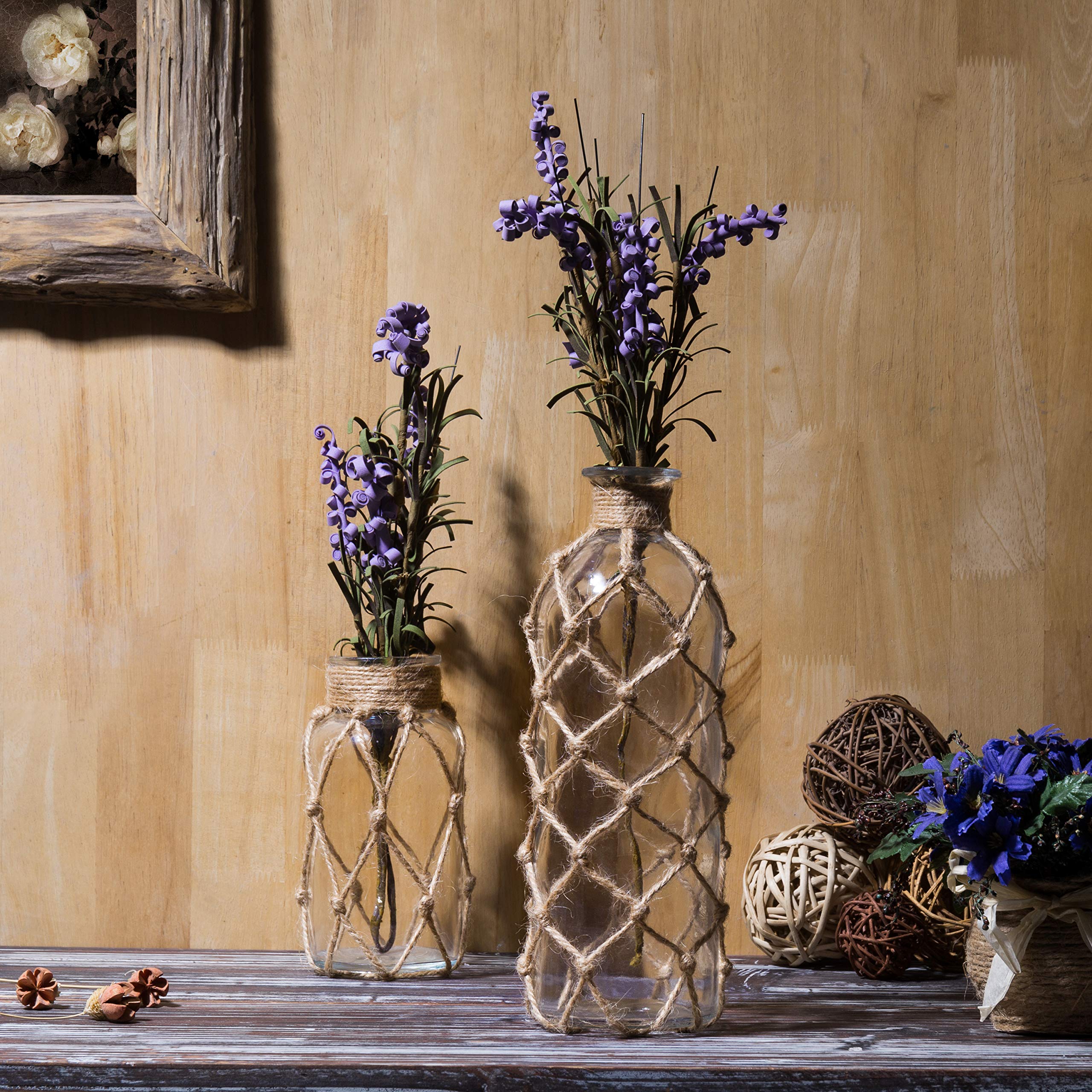 Jarrones pequeños de cristal para flores, juego de 2 jarrones de flores costeros con envoltura de cuerda para mesas centros de mesa, decoración náutica del hogar 3
