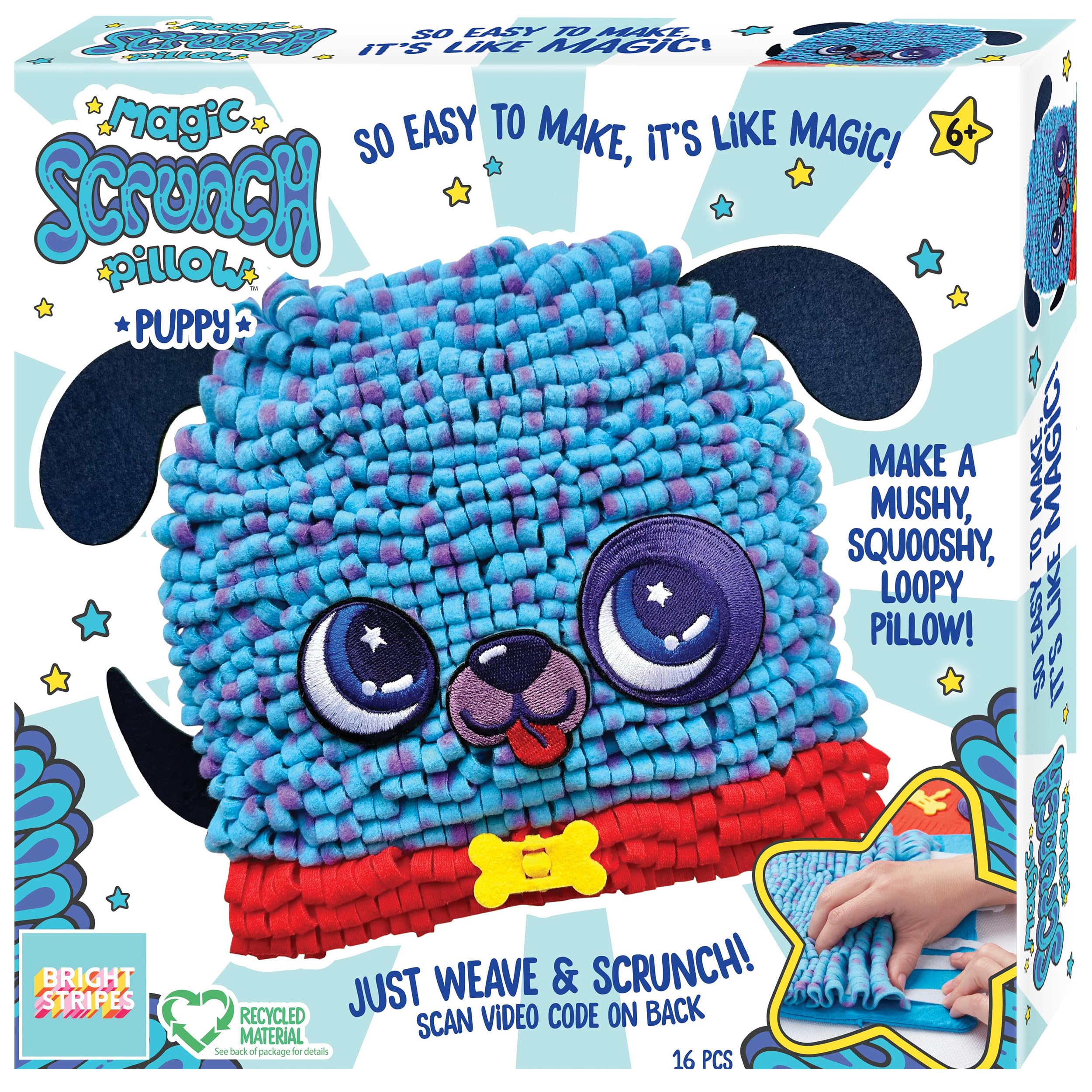 Bright Stripes Magic Scrunch Pillow Making Kit - No Sew Pillow Craft Kit for Kids - Make Your Own Pillow Kit - DIY Pillow Kit for Kids (Puppy)