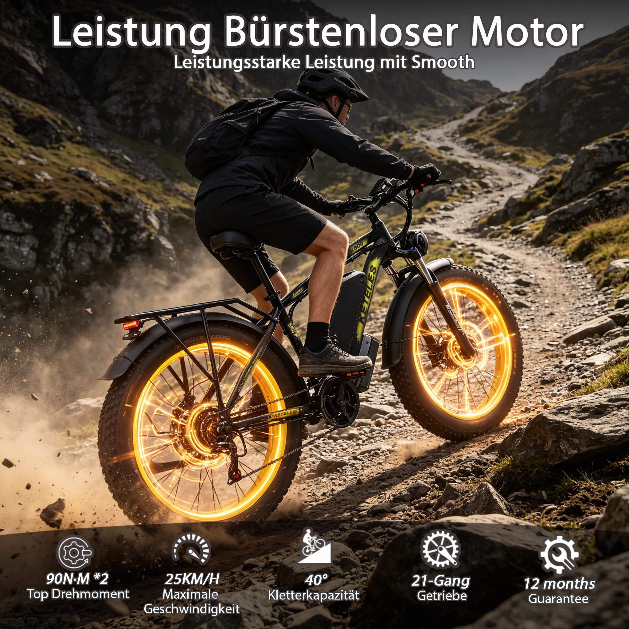 E Bike, 48V 23Ah Akku Elektrofahrrad Ebike mit Telefonhalter, E Fatbike mit 26"x4.0" Fat Tire, 250W E-Bike 120KM Range 21-Gang-Getriebe Hydraulische Scheibenbremsen