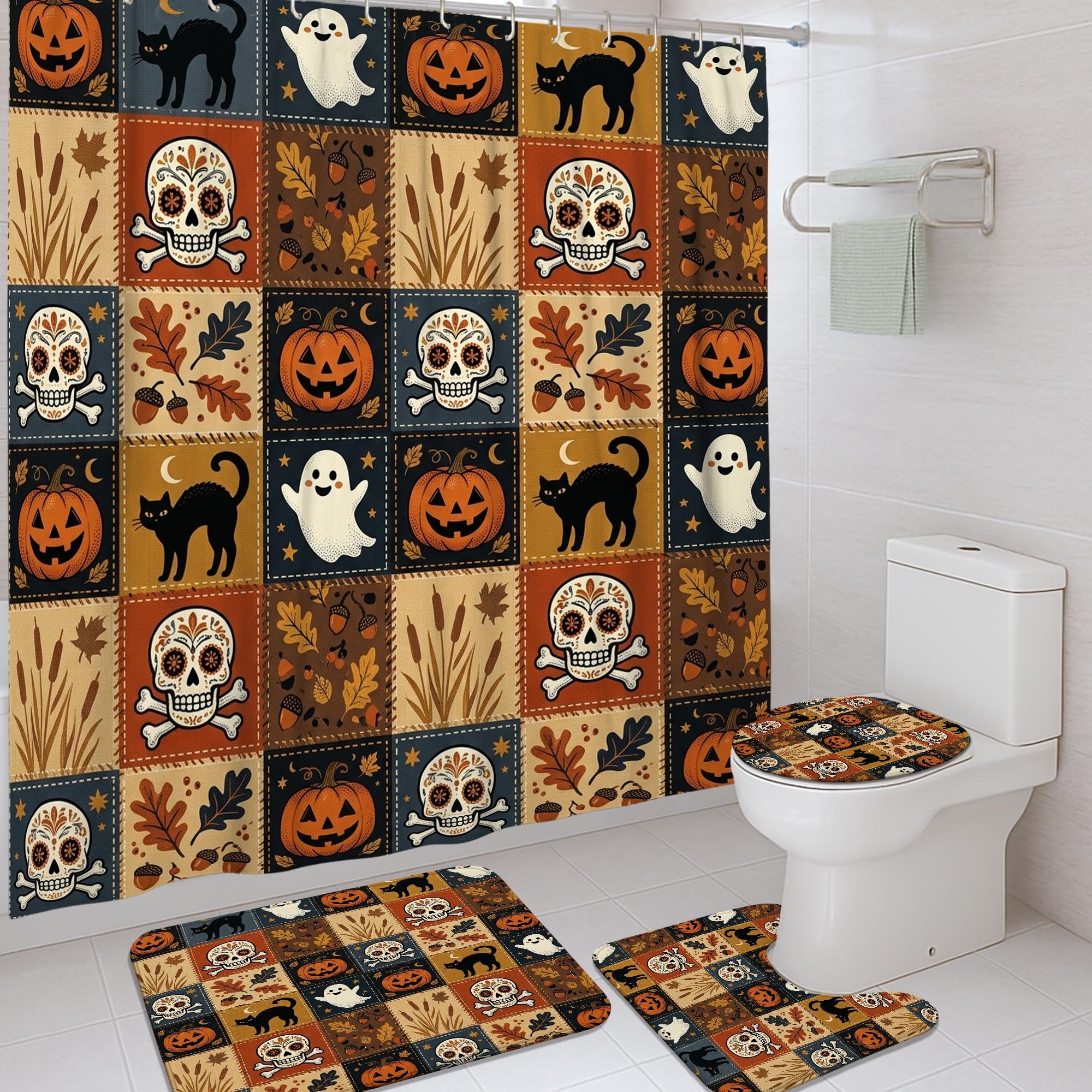 Rideau de douche Halloween anti-éclaboussures et tapis de bain lavable