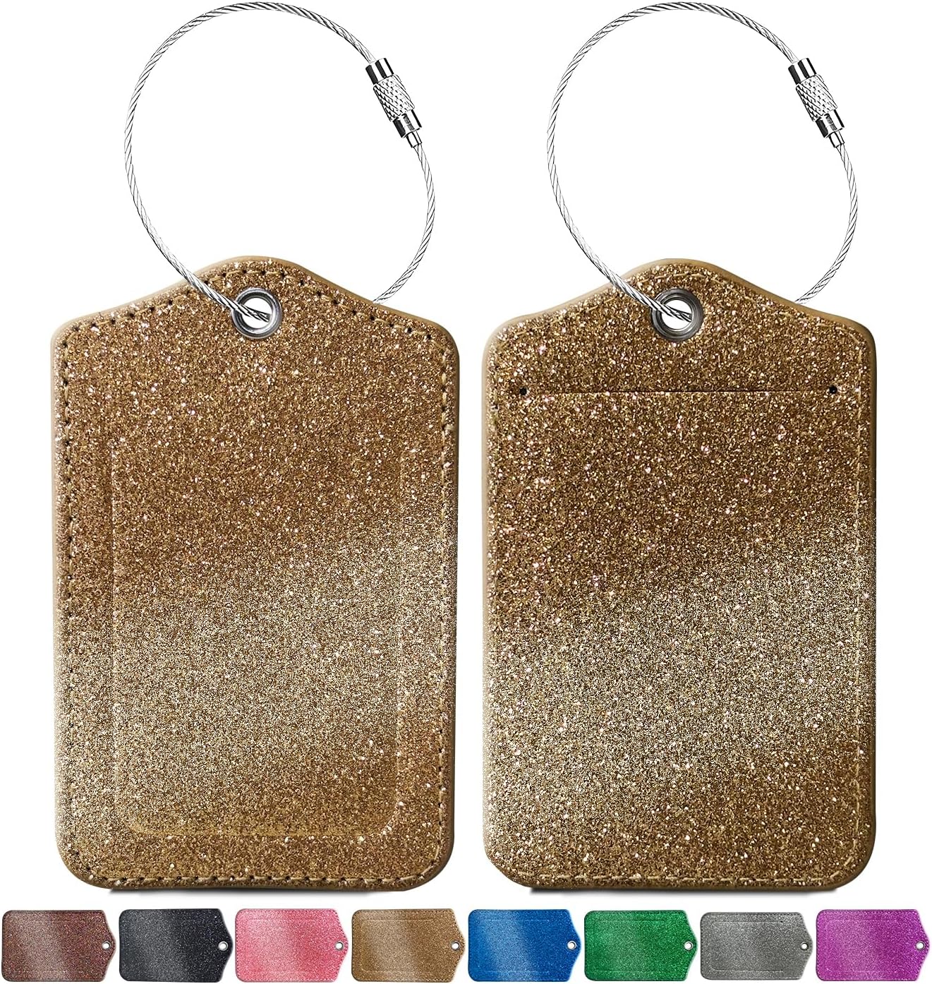 2 Pcs Luggage Tags for Suitcase, Cute Unique PU Leather Travel Bag Tag with Privacy Cover ID Label Address Card and Durable Metal Ring Suitable for Men Women Backpack (Glitter Gold)