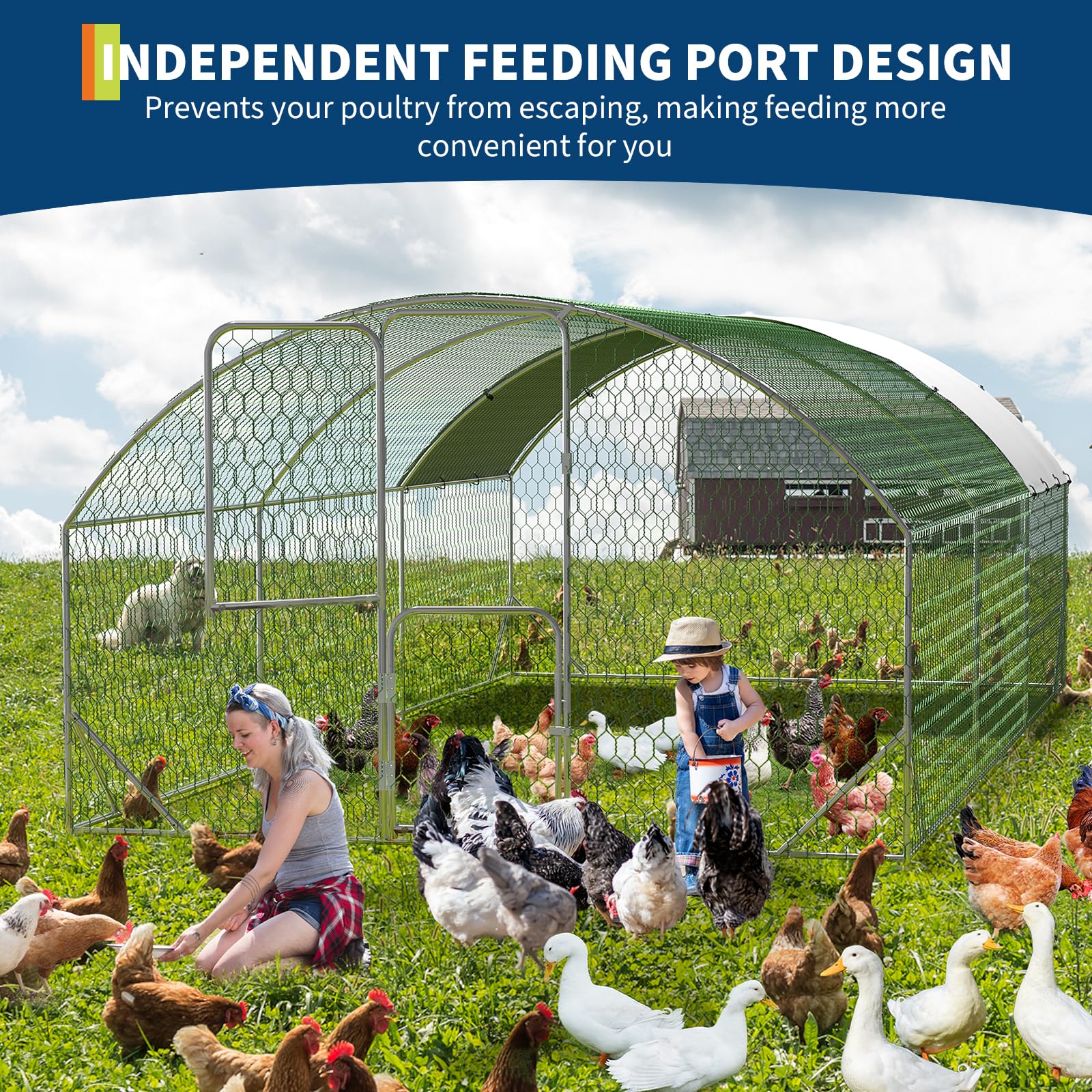 Gallinero de metal con paseo, jaula para aves de corral al aire libre con puertas dobles, cubierta resistente a la intemperie y a los rayos UV para pollos, patos, gansos, conejos, patio trasero o uso