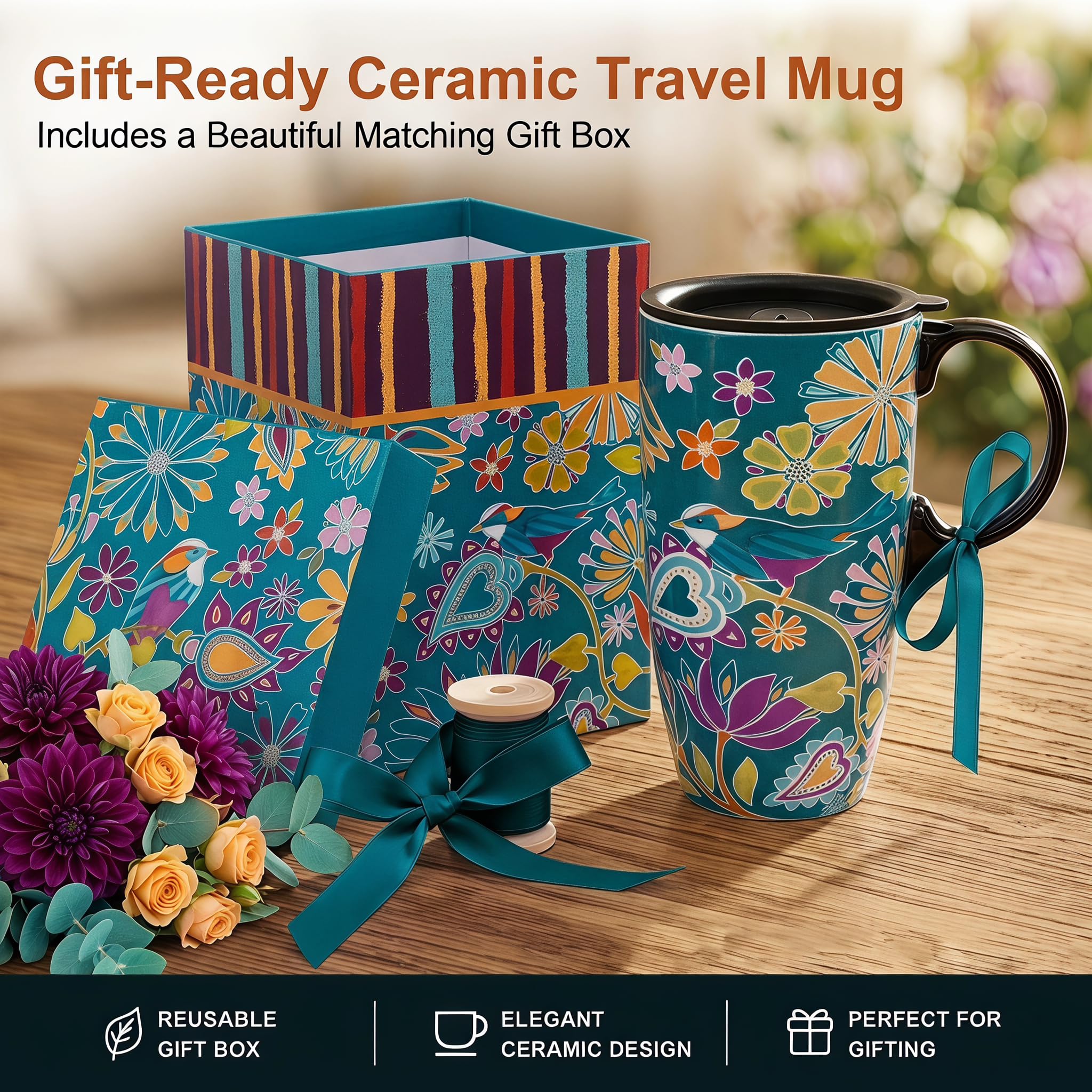 CEDAR HOME ceramiczny kubek do kawy porcelanowy latte filiżanka do herbaty z pokrywką 470 ml kwiatowa symfonia, turkusowy