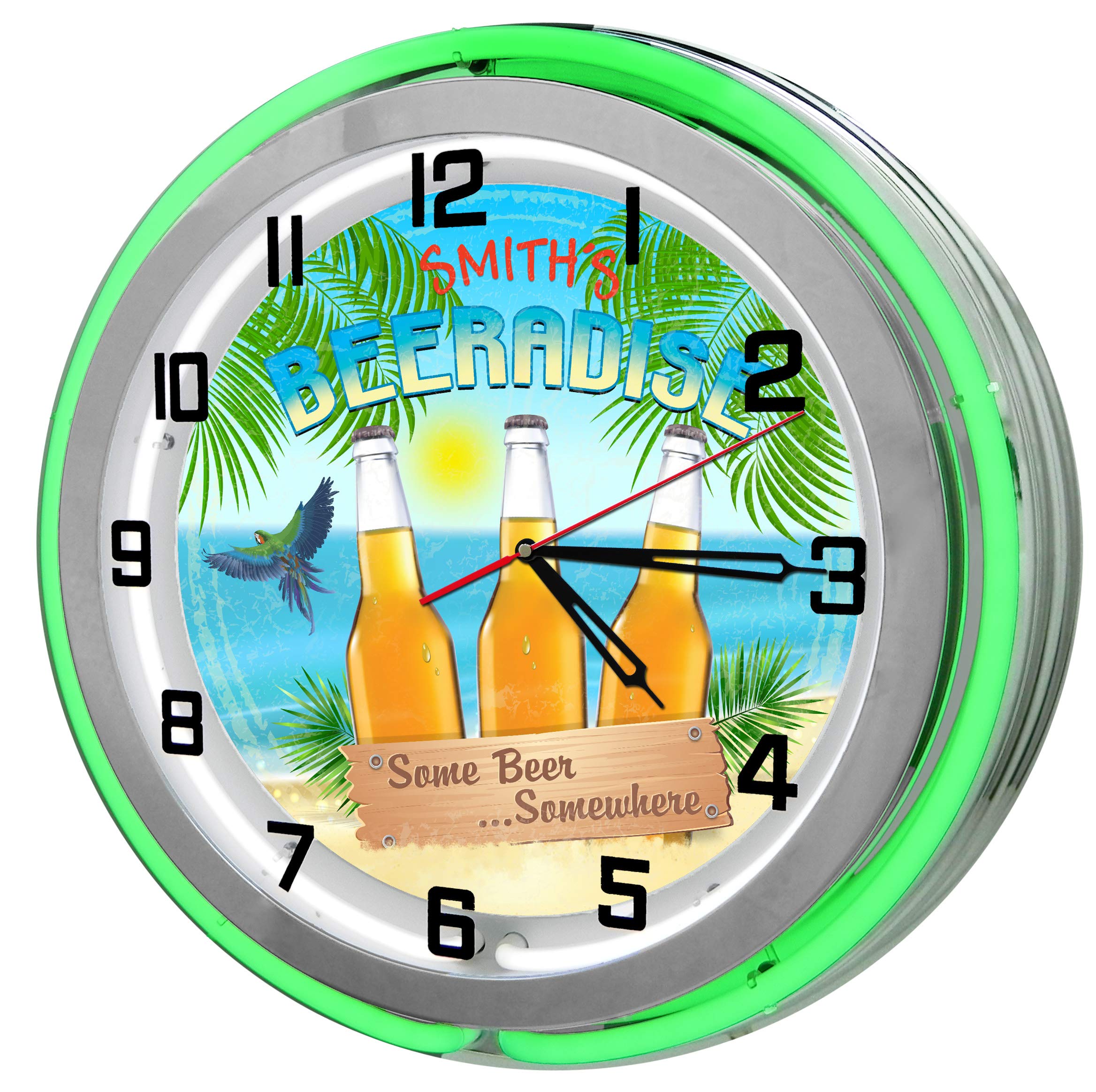 Personalized Tiki Bar Beeradise 18" Green Double Neon Garage Clock from