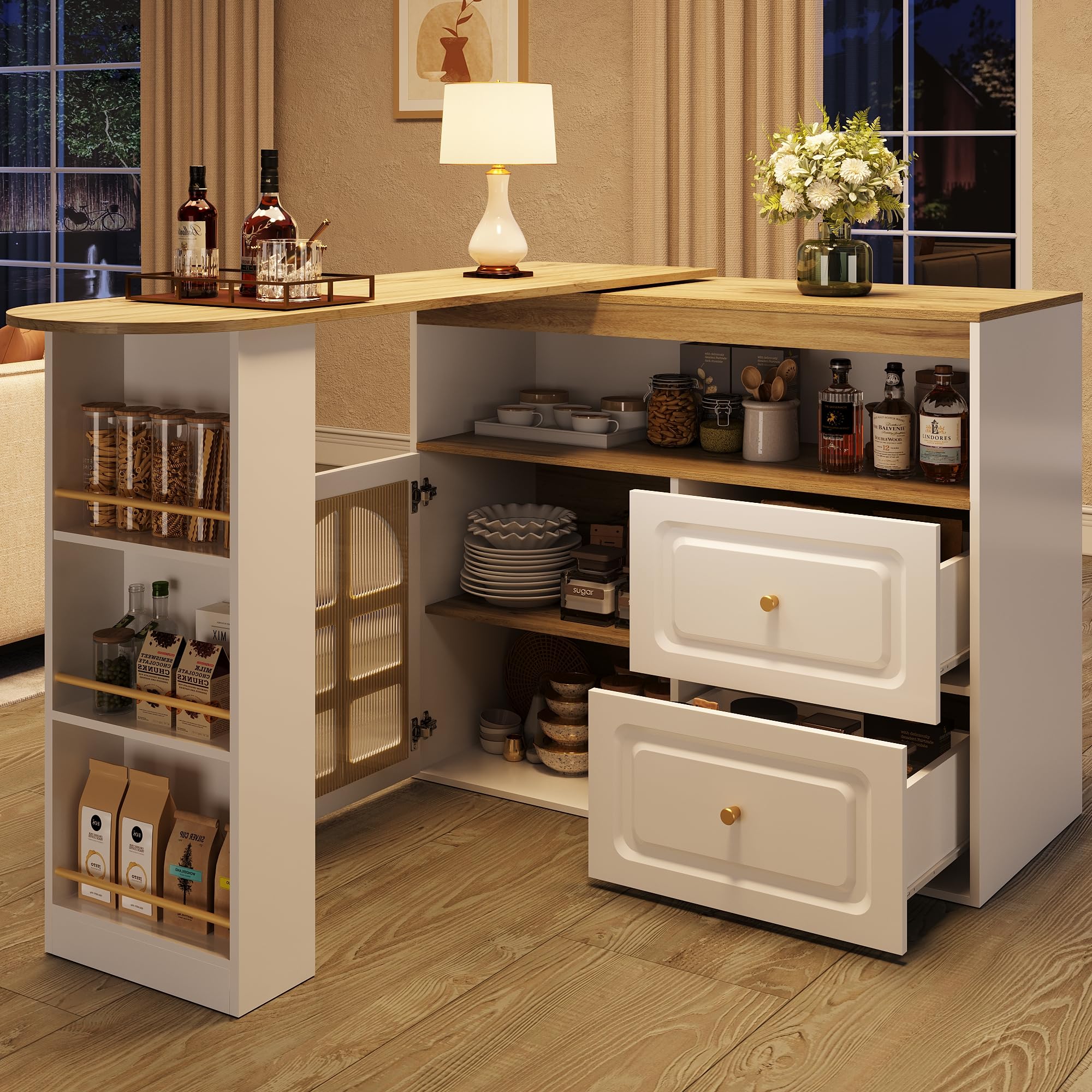 Merax Bar Table 360° Rotating Dining Bar & Kitchen Island with Drawers & Snack Shelf, Extendable Bar Sideboard with Curved Glass Door, White — image 1