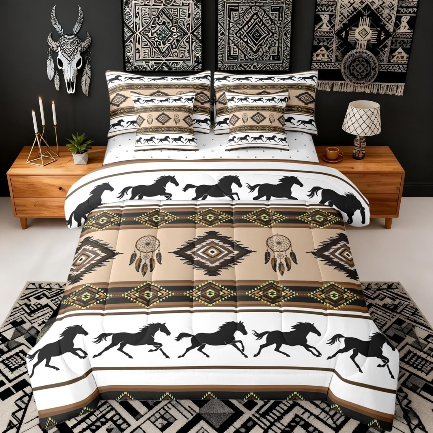 Castle Fairy Aztec Tribal Kids 7 Pieces Comforter Set Queen Size,American Southwest Native Boho Reversible Quilt Set,Ethnic Stripes Horse Brown White Bedding Set with Comforter,Sheet,Pillowcase