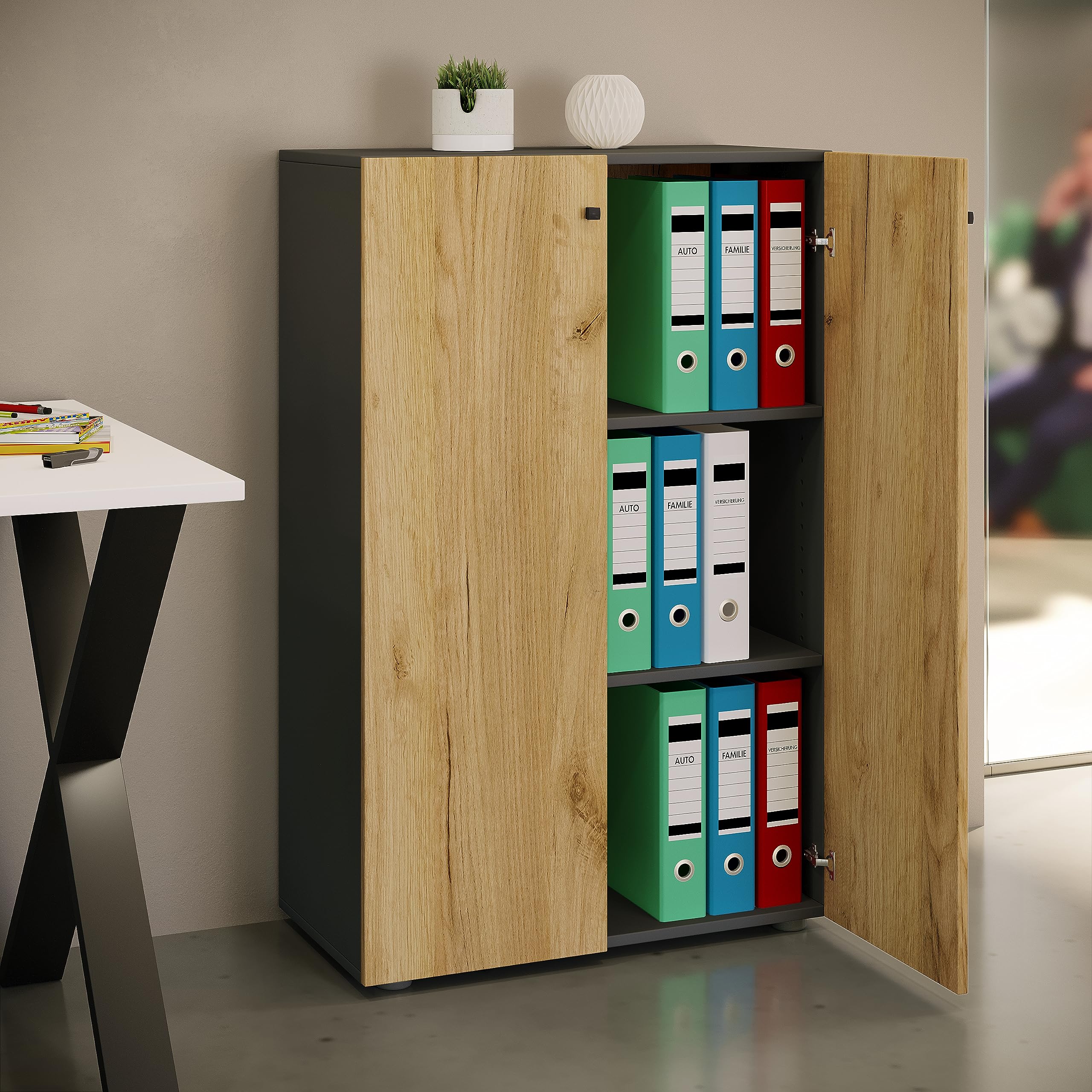 VCM Büroschrank mit 3 Fächern | moderner Aktenschrank mit Drehtüren | Maße ca. B. 70 x H. 110 x T. 40 cm – Lona 3-Fach