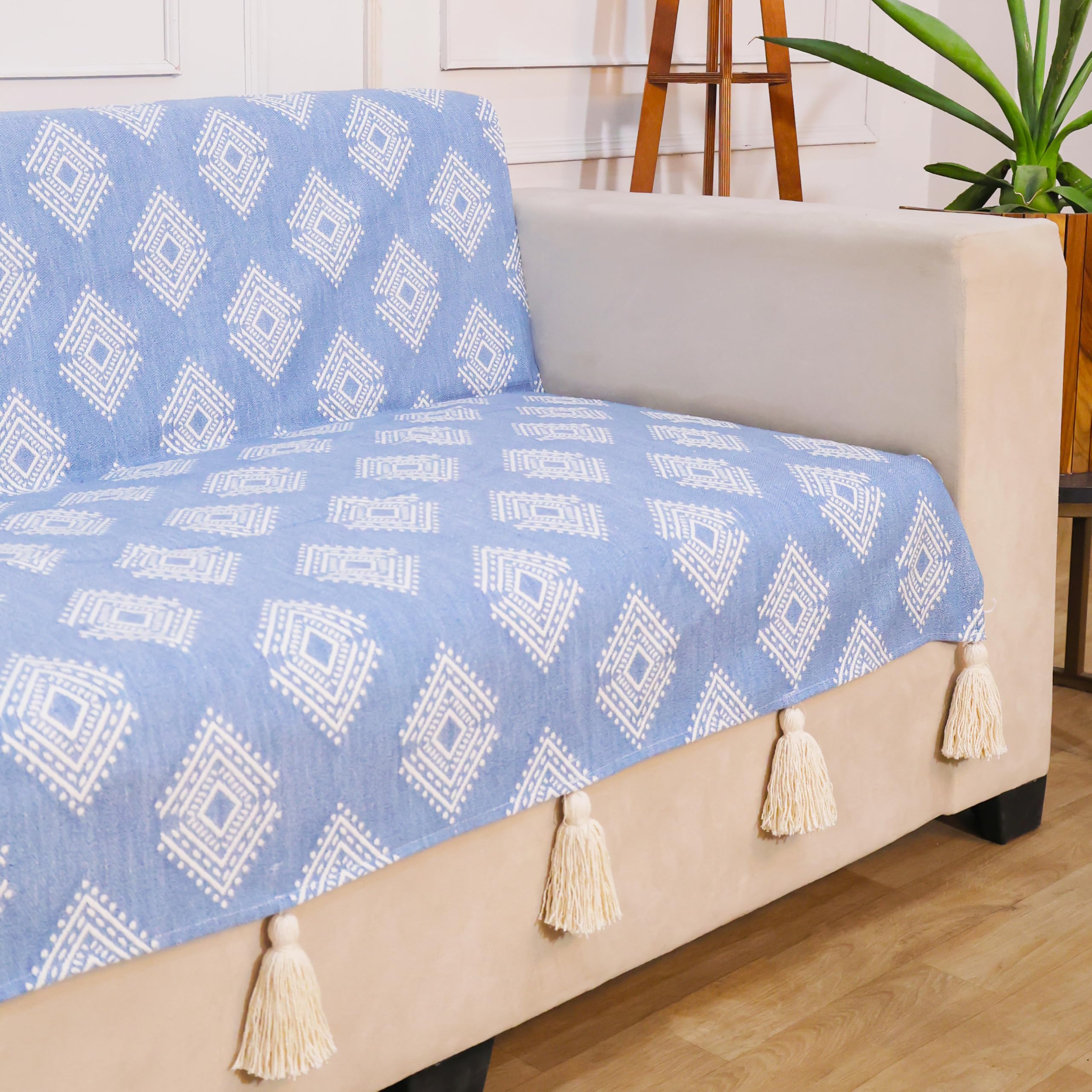 STITCHNEST 'Verdant Rekhika Stories' 2 Seater Sofa Cover – Full Coverage| Elegant Jacquard Fabric, Decorative Tassels, Washable & Durable for Modern Living