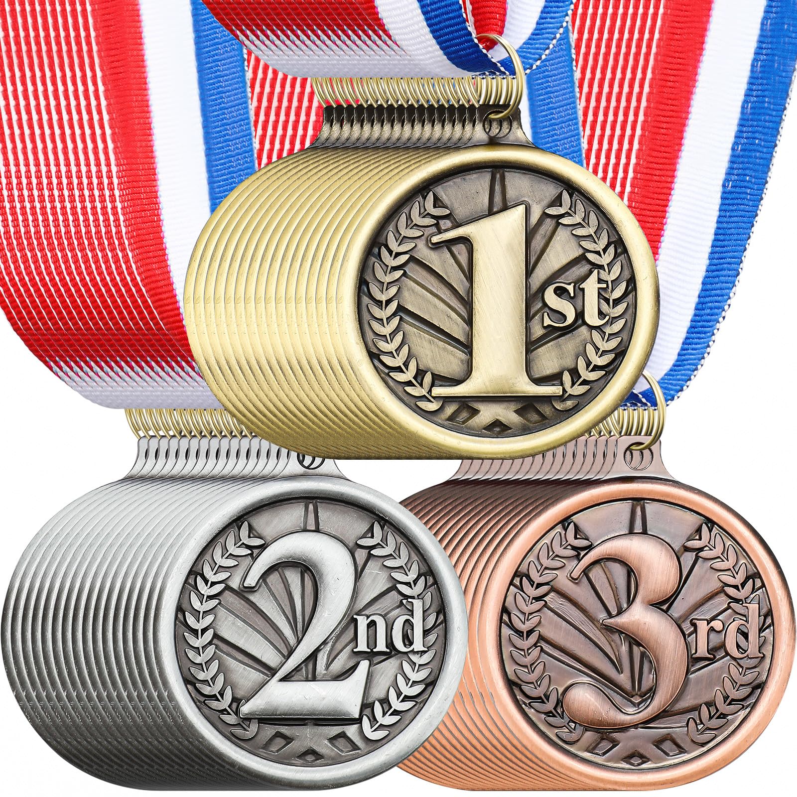 RoundFunny Medallas de premio para el ganador de premios, medalla de oro, plata, bronce con cinta para el cuello, premio trofeo para competiciones deportivas, fiestas, 5 cm