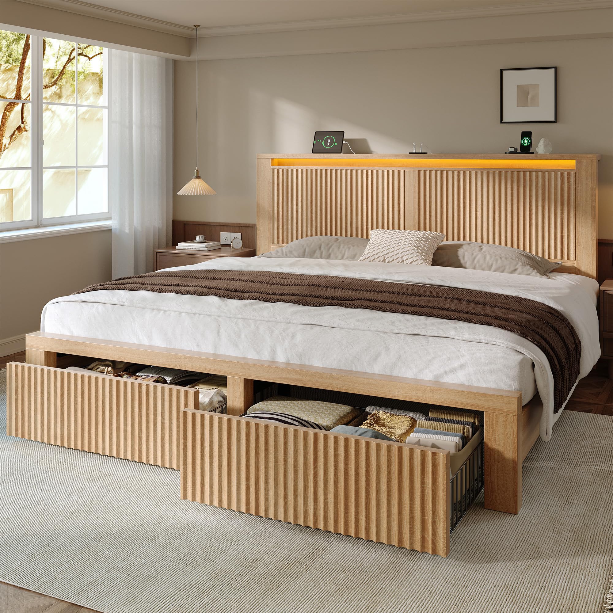 King Size Bed Frame with LED Lights Mid-Century Modern Luxury Wooden Wavy Panel Headboard Charging Station 2 Storage