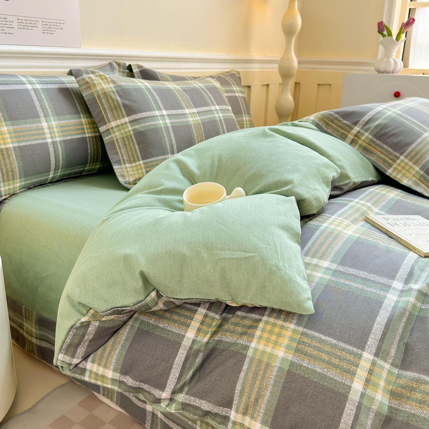 Green Gingham Striped Duvet Cover Full Size Bedding Set 100% Cotton Feel Super Soft Comfy 3 Piece Vintage Plaid Checkered Comforter Cover Set (Comforter Not Included,Full 80"x90") lvgezi - Image 6