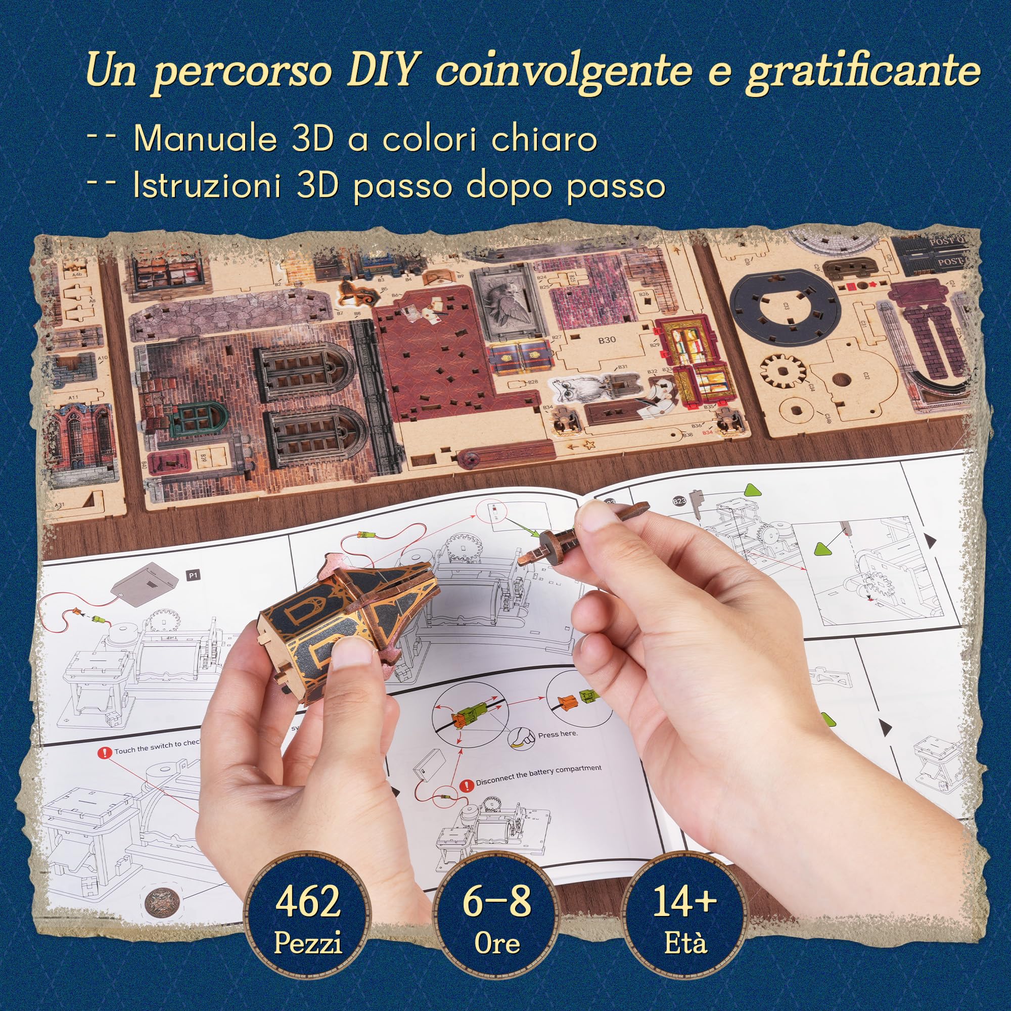 FUNPOLA Puzzle 3D in legno con LED Ufficio Postale del Gufo – Modello dinamico con ingranaggi meccanici, kit miniatura DIY con musica e luci LED, regalo decorativo per adulti e ragazzi