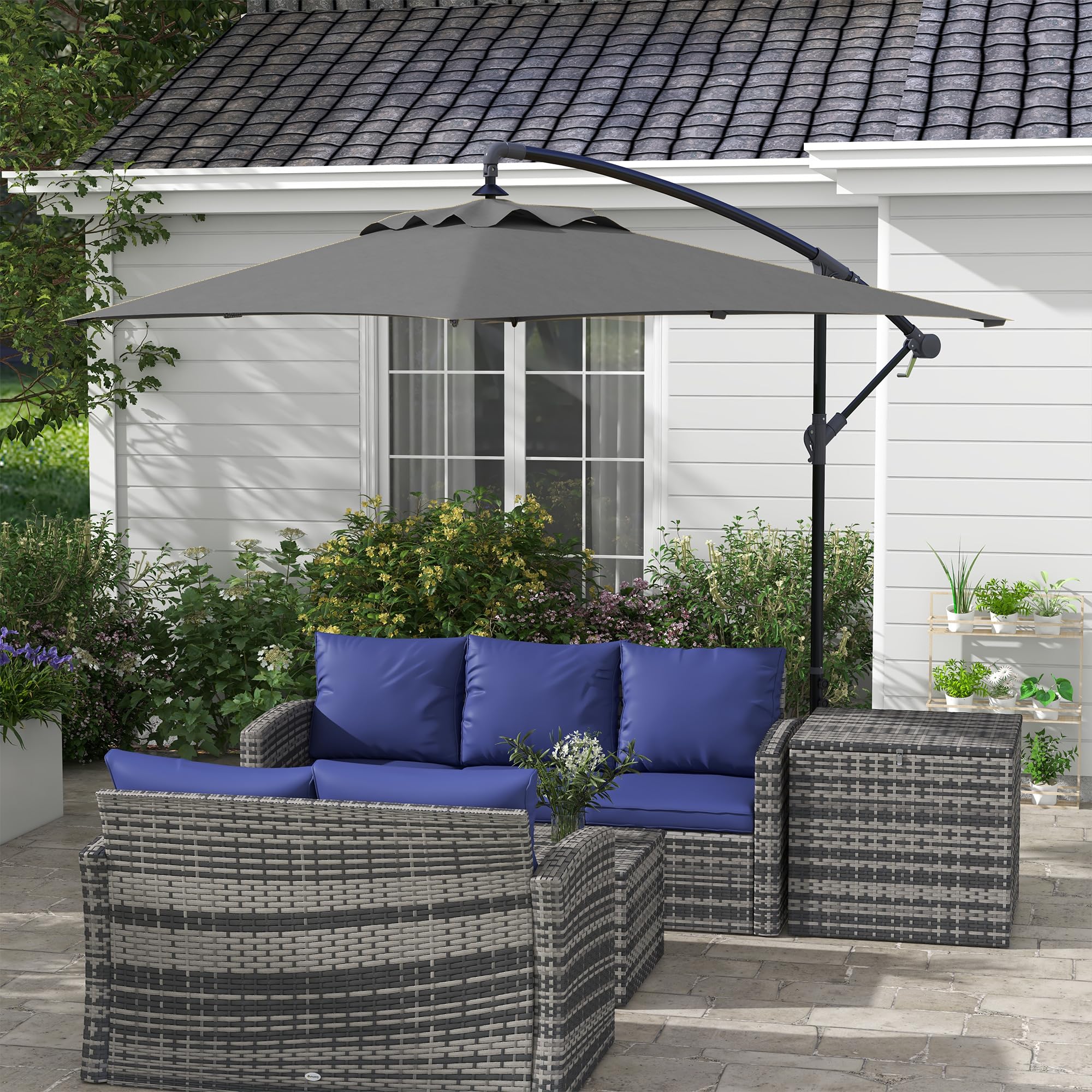 Outsunny Ombrellone Decentrato 3x2 m con Prese d'Aria, Base a Croce e Manovella, Ombrellone da Giardino in Acciaio e Poliestere 160 g/㎡, Protezione UV, per Terrazza e Balcone