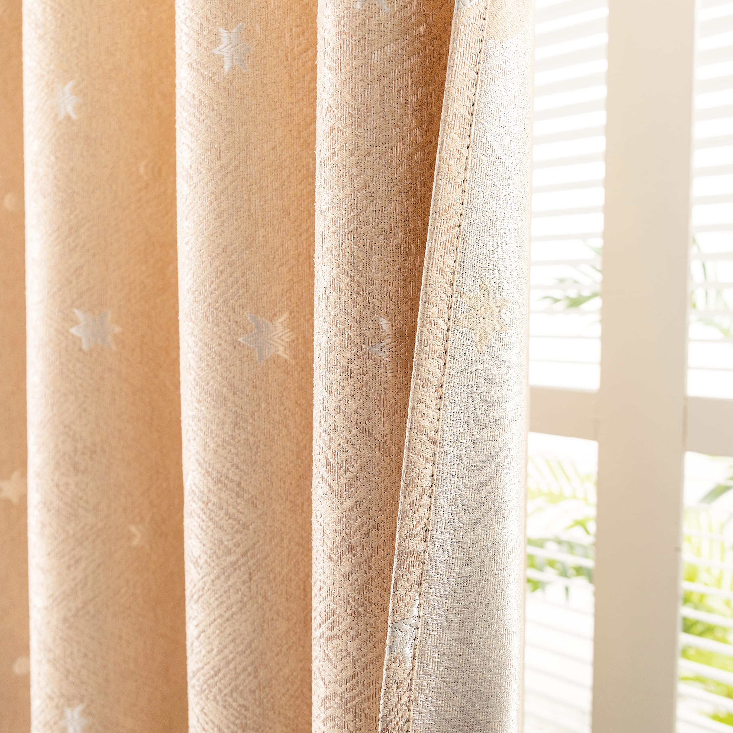 GIRASOLE HOME® Paire de rideaux Jacquard semi-occultants fantaisie Lune et étoiles rideau souple Thermique Isolant pour Chambre Chambre et Intérieur 2 panneaux avec œillets (beige étoiles, 140x275 cm)