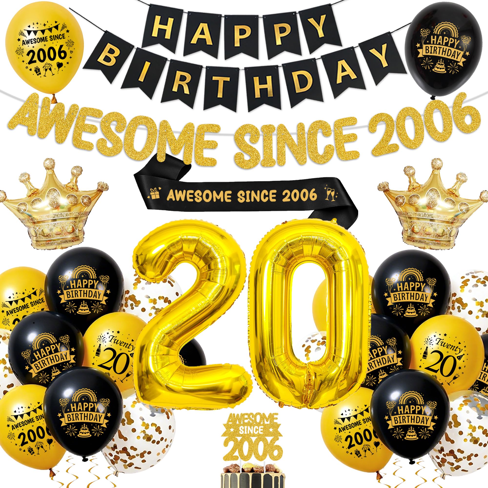 20th Birthday Decorations Black Gold, Party Supplies for Boys and Girls