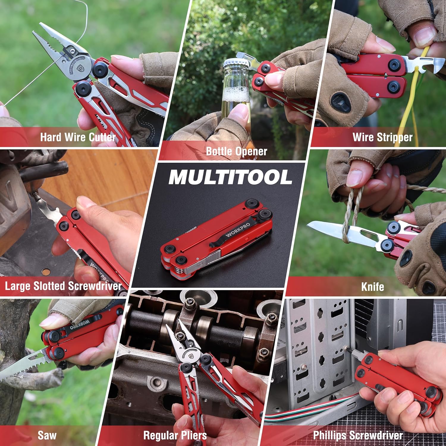 Collage of images showing the multi-tool being used for various tasks like cutting wire, opening bottles, stripping wire, using screwdrivers, and sawing