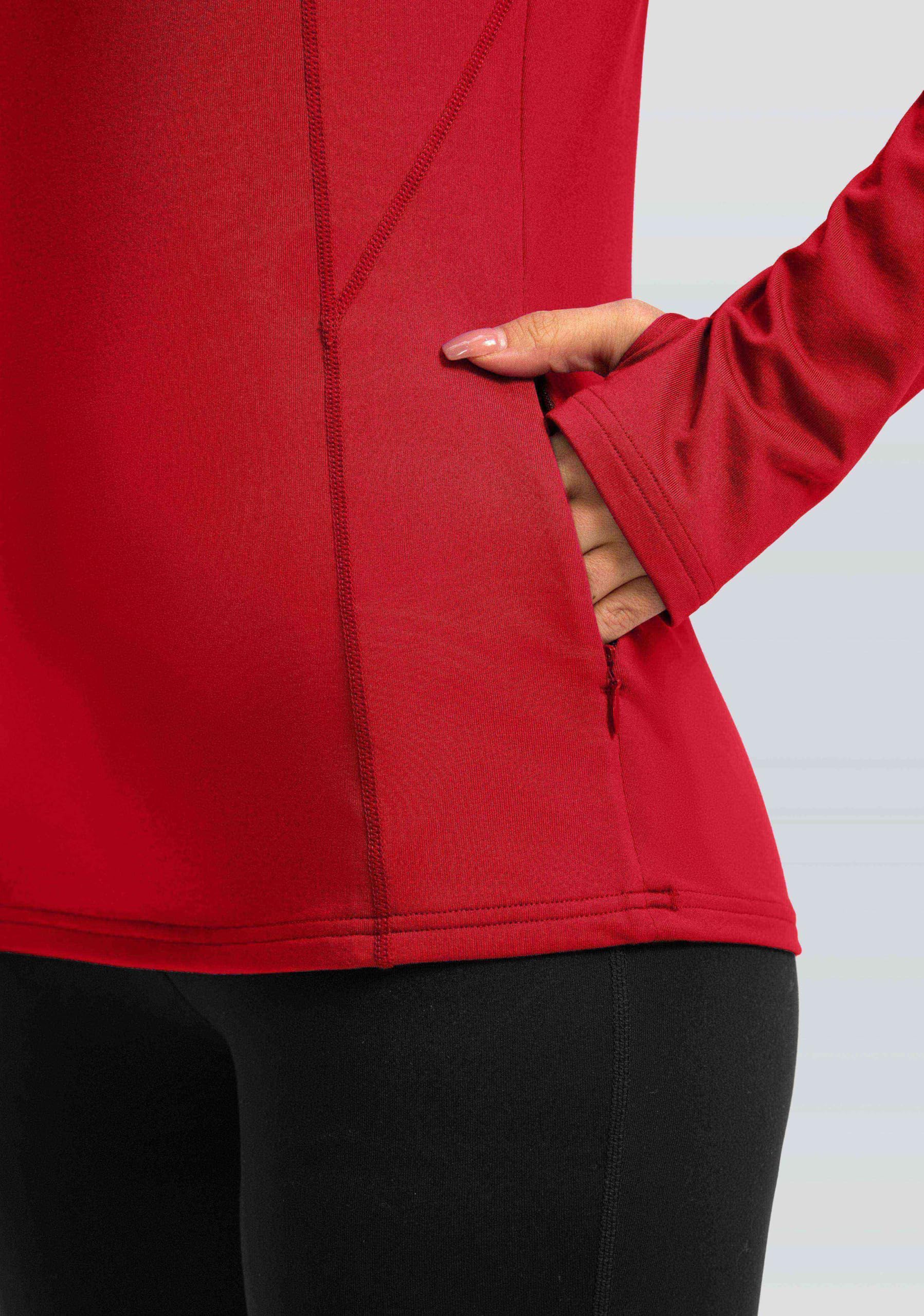 Camiseta térmica de forro polar para mujer, manga larga, para entrenamiento, correr, capa base atlética, con agujeros para el pulgar y bolsillo con cremallera