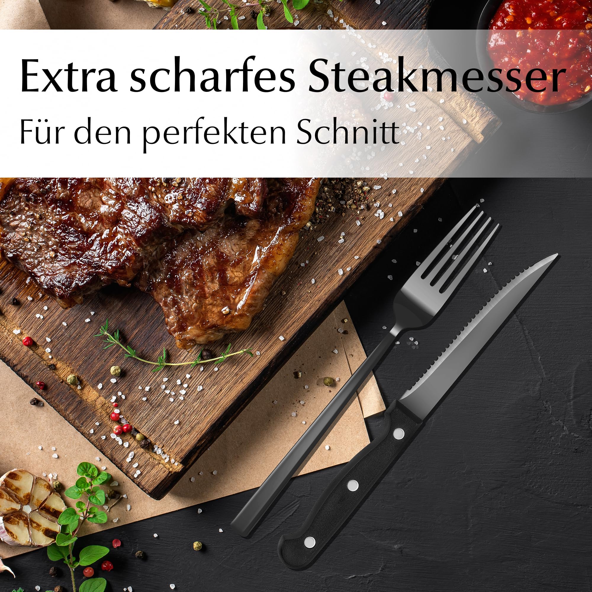 MIAMIO - Besteckset/Edelstahl Besteck Set 36er, Edelstahl 18/10 (Schwarz) | Besteck Set 18/10 Edelstahl, Besteckset mit (Steak-)Messern, Gabeln & Löffeln (36-Teilig) für 6 Personen - spülmaschinenfest