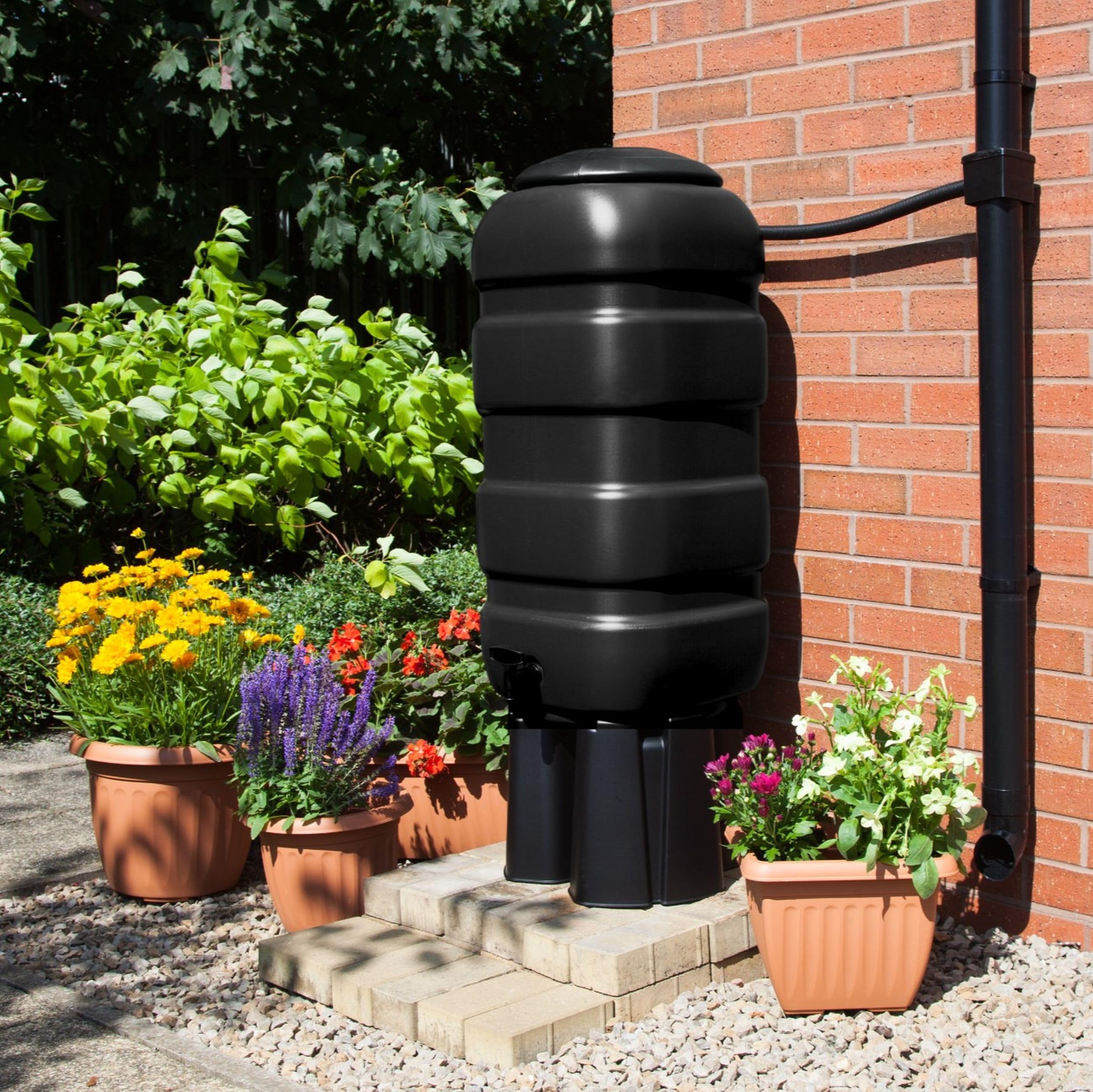 100L Space Saver Black Water Butt Set - Complete With Stand, Tap & Diverter Kit - Rain Saver Garden Water Container For Gardens & Patios - 90cm x 40cm x 40cm Water Butt.