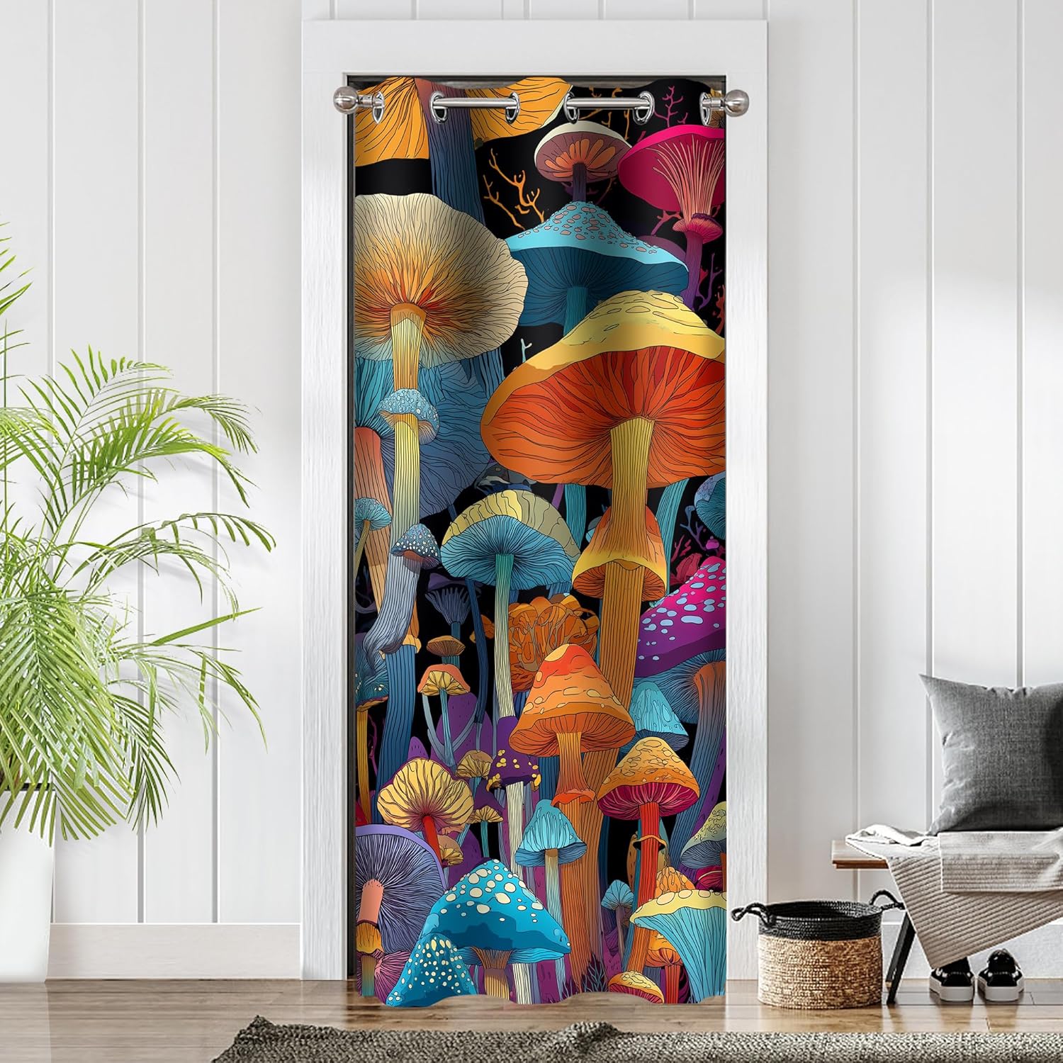 Mushroom Door Curtains for Doorways, Fantasy Trippy Boho Fairy Forest.png Blackout Curtain for Kids Bedroom Closet, Grommet Thermal Insulated Privacy Door Drapes for Room Divider, 52" W x 80" L