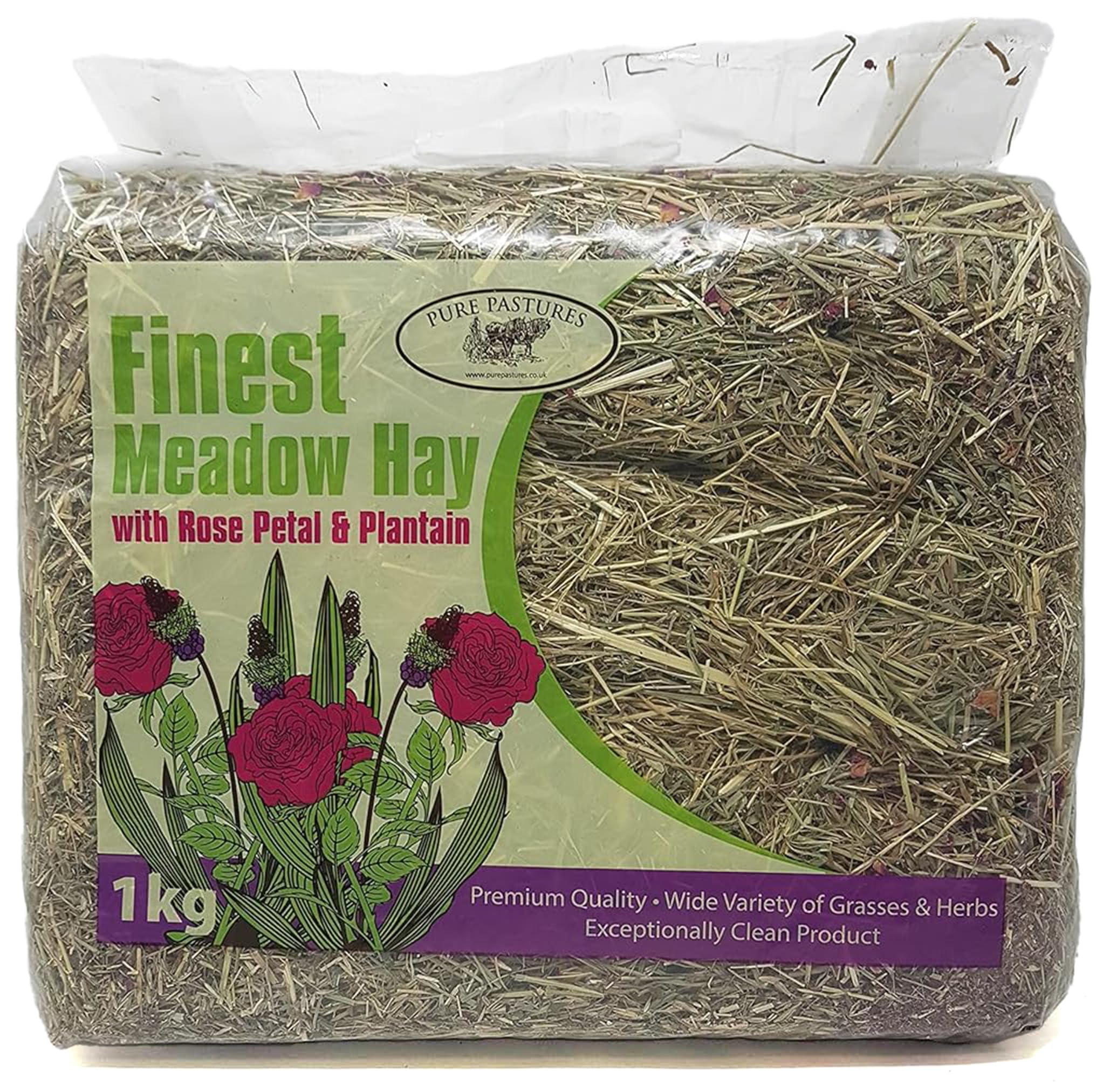 Foin de Prairie avec pétales de Rose et Plantain – Nourriture pour Lapin et Cochon d'Inde avec Fleurs ajoutées – 4 Sacs de 1 kg