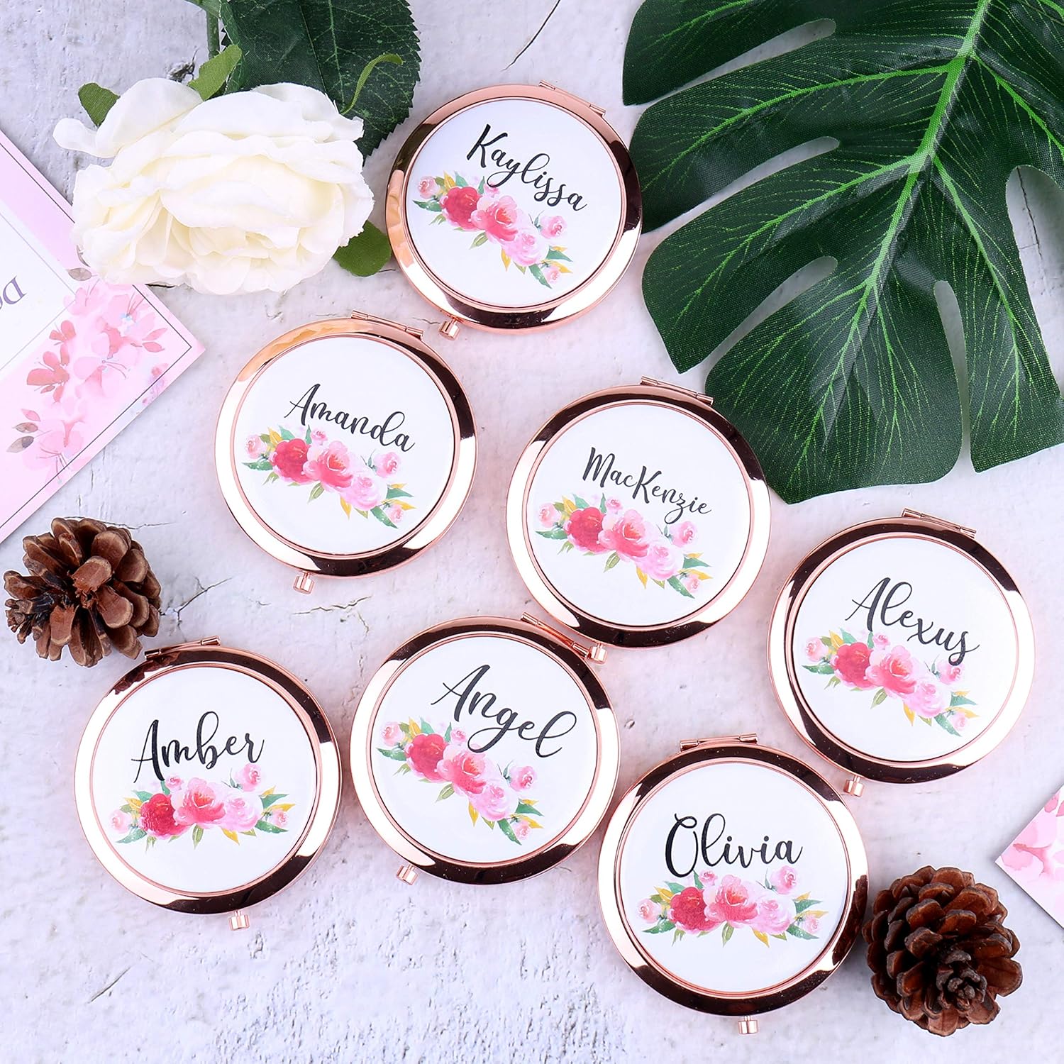 Set of 5-10, Personalized Floral Compact Mirrors Your Name Title Travel Pocket Junior Bridesmaid Proposal Gifts Bachelorette Party