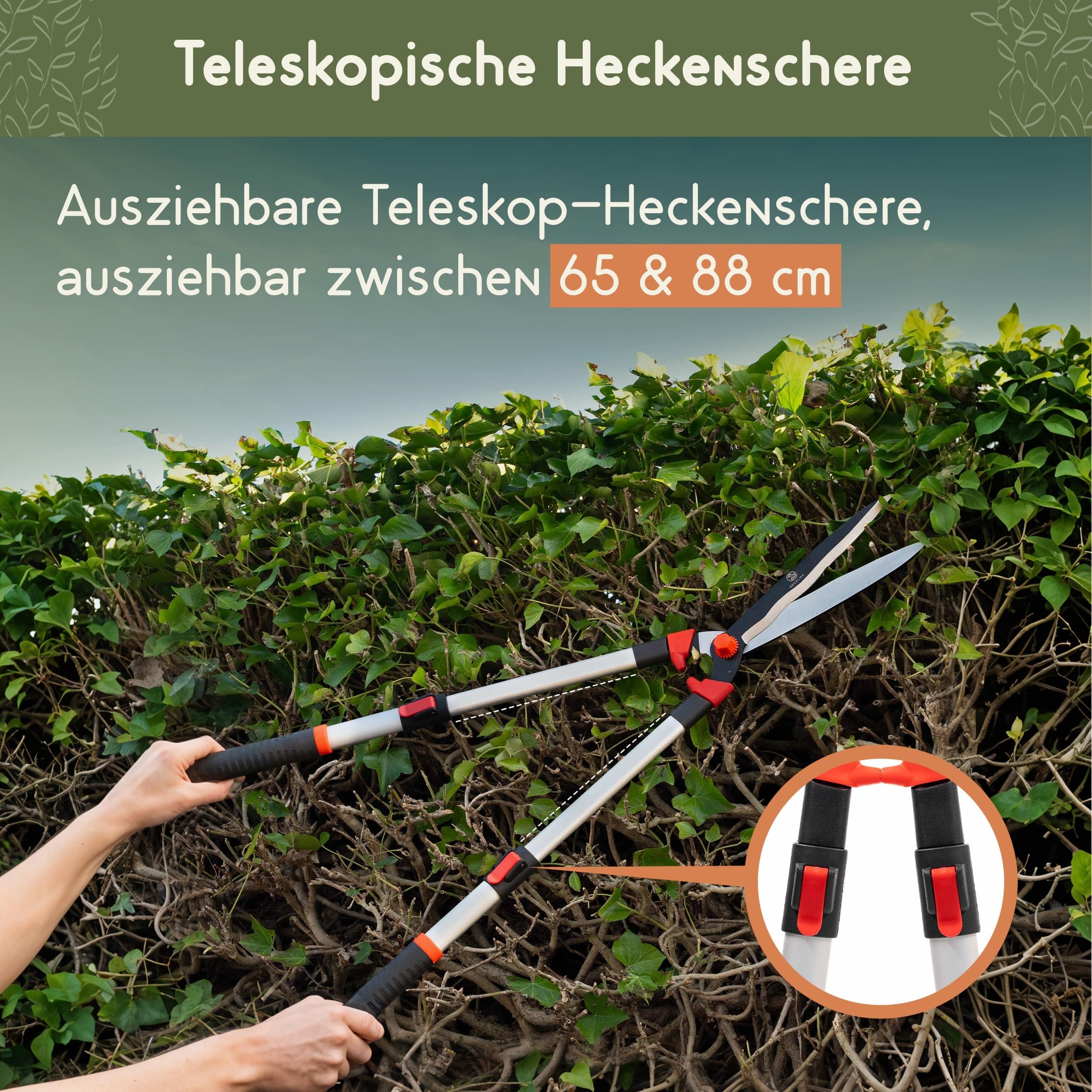 Teleskop Heckenschere, ausziehbare Griffe 65–88 cm, Bypass-Klingen aus legiertem Stahl, leichtes ergonomisches Gartenwerkzeug für Hecken, Sträucher & dünnere Äste