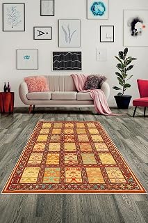 Pelangi Etnik Kilim Deseli Dijital Baskılı Yıkanabilir Kaymaz Taban Modern Salon Halısı, Sarı-Kahverengi 60 x 200, OTCKLM26020005