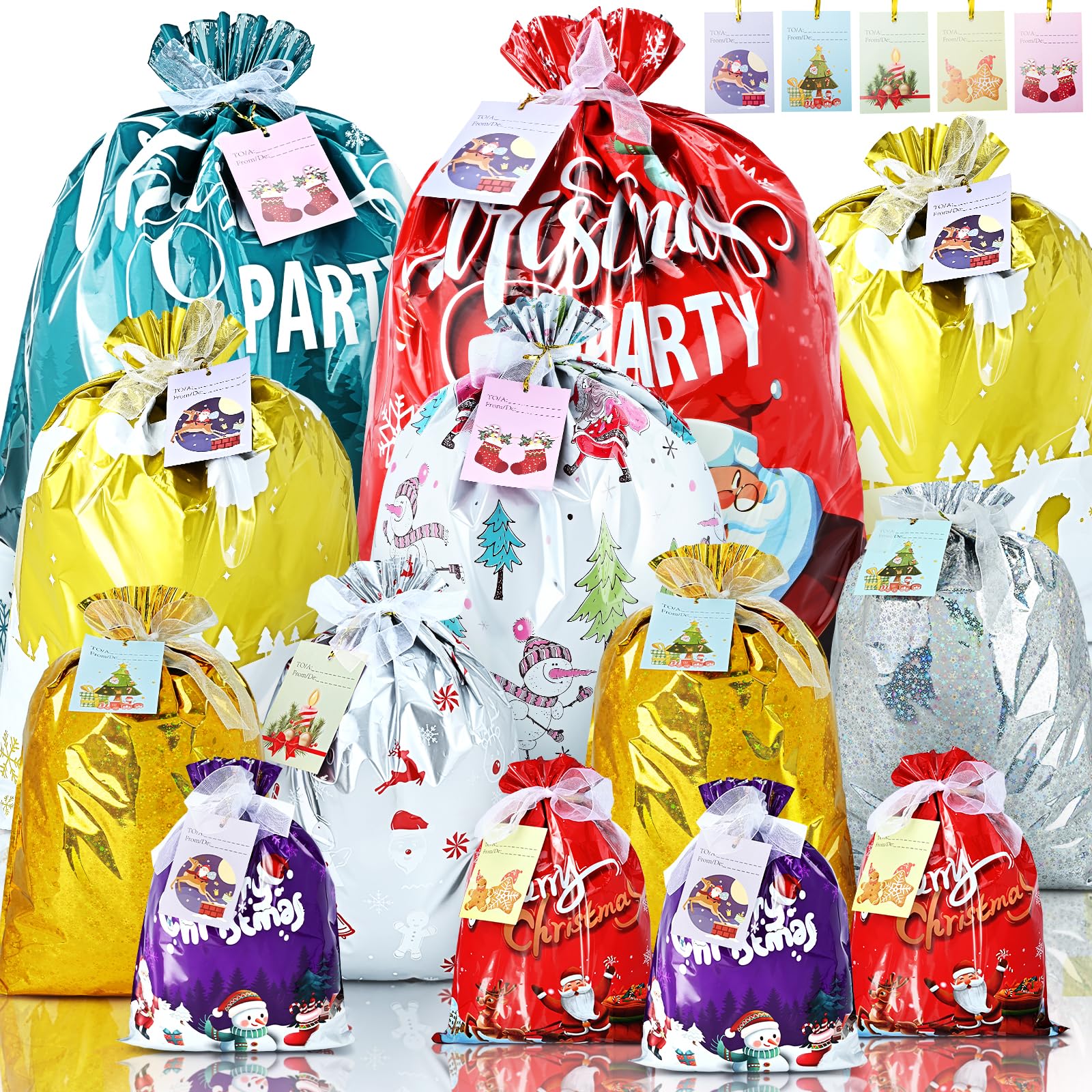 Christmas Wrapping Gift Bags, 20Pcs Xmas Gifts Bags Large Medium Small for Presents with 20 Tags for Birthday Holiday Party, Luxury Santa Claus Ornament with Ribbon for Family Friends
