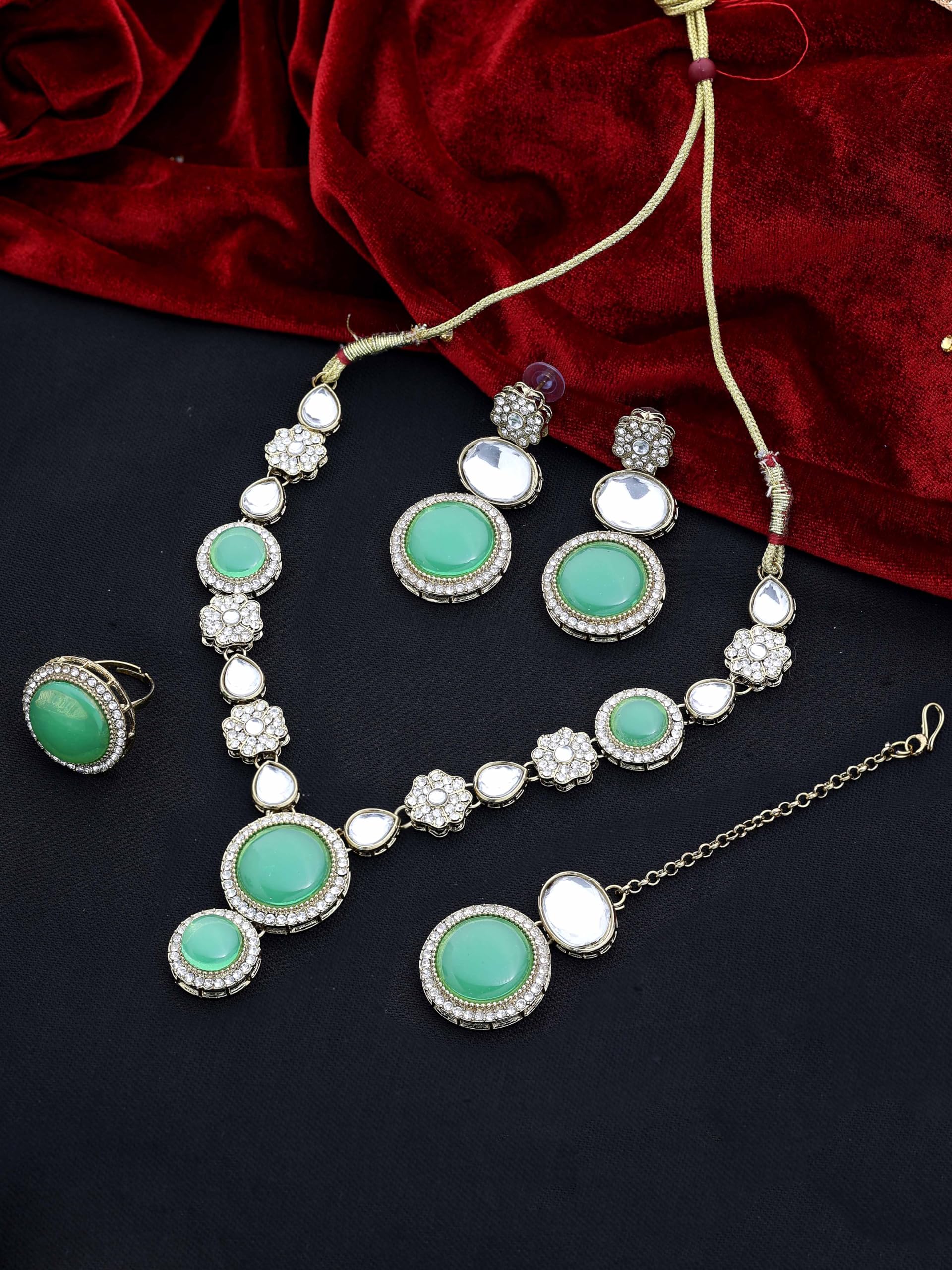 Samyuktha Floral Delight okrągły naszyjnik choker zestaw (miętowy), metal, bez kamienia szlachetnego, Metal, Bez kamieni szlachetnych