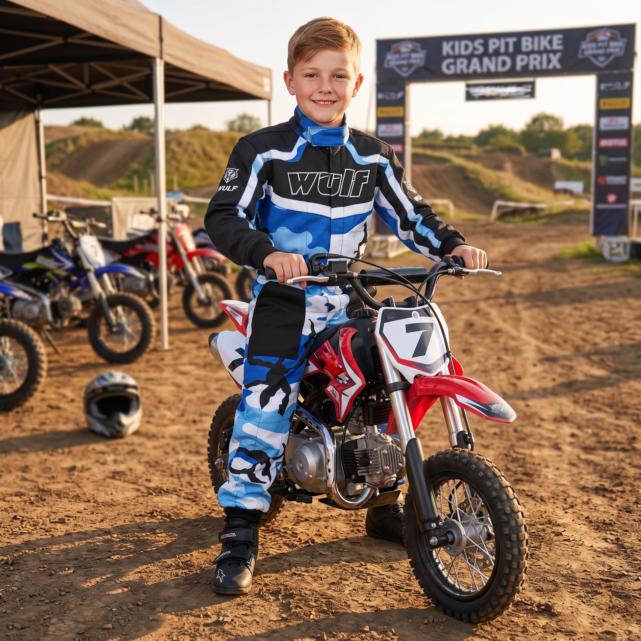 Moto Enfant Costume Wulf Camo Enfants Kart Costume Nouveau Garcons et Filles Motocross ATV Quad Sport Racing 1 Piece Combinaison