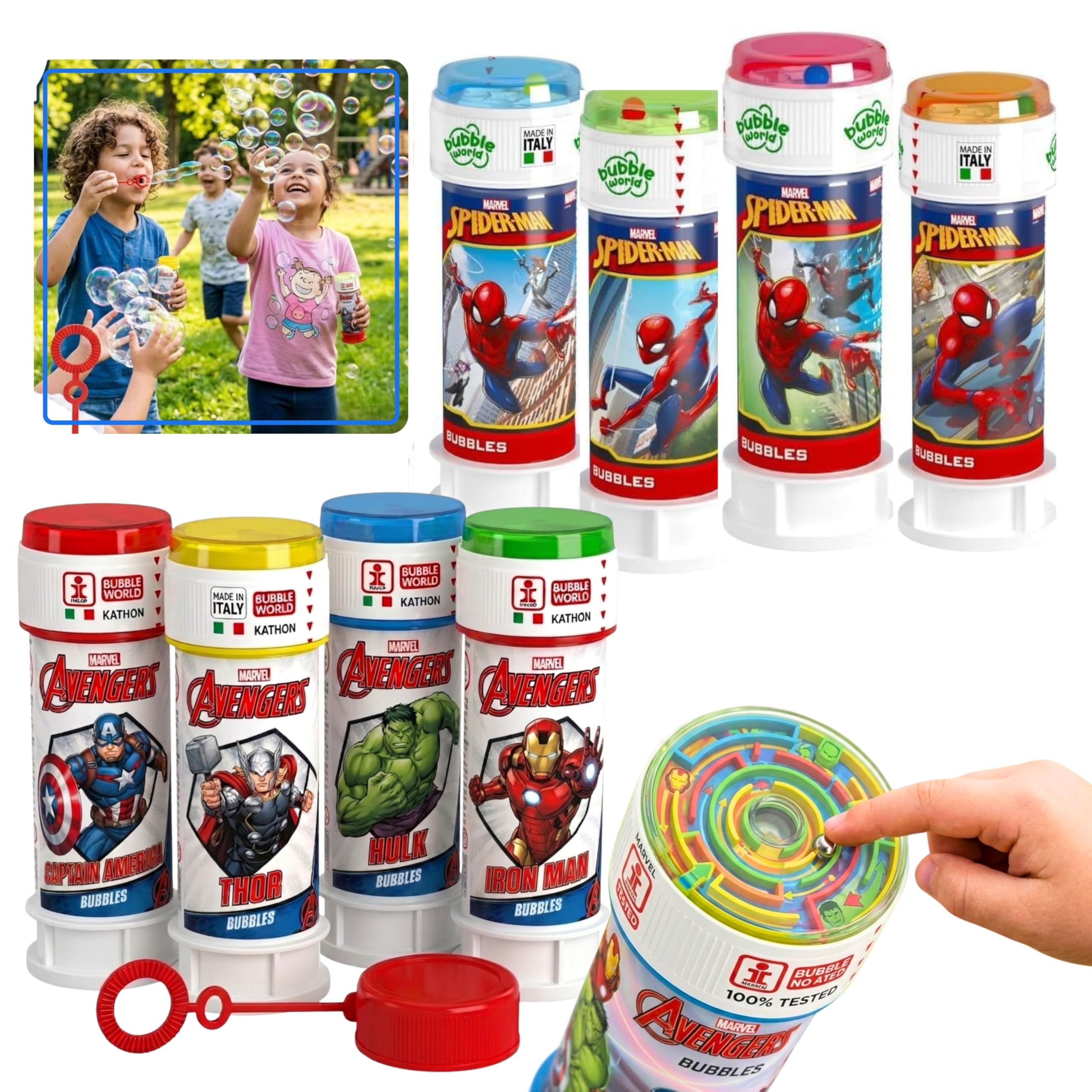 Marvel Spiderman & Avengers Character Bubble Tubs Pack of 8, 60ml Tubs with Dual-Hole Wand, Eco-Friendly Packaging,Party Bag Fillers Fun for Children