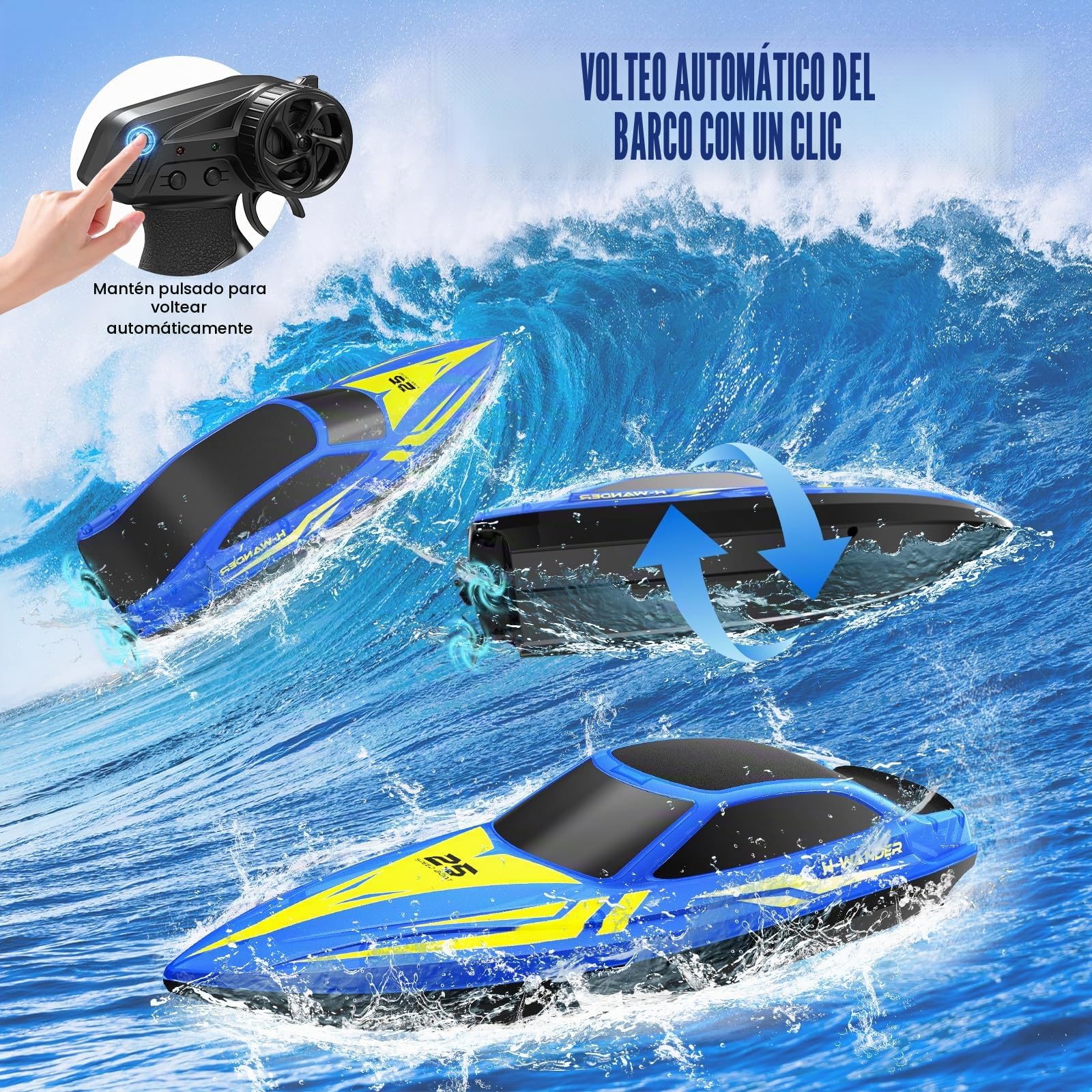WUQNGI Barco Teledirigido Profesional con Luces LED de 7 Modos, Lancha Teledirigida de Alta Velocidad para Niños y Adultos, Barco RC para Piscina y Lago, 2 Baterías 120 Min, 2.4GHz, Autoadrizable