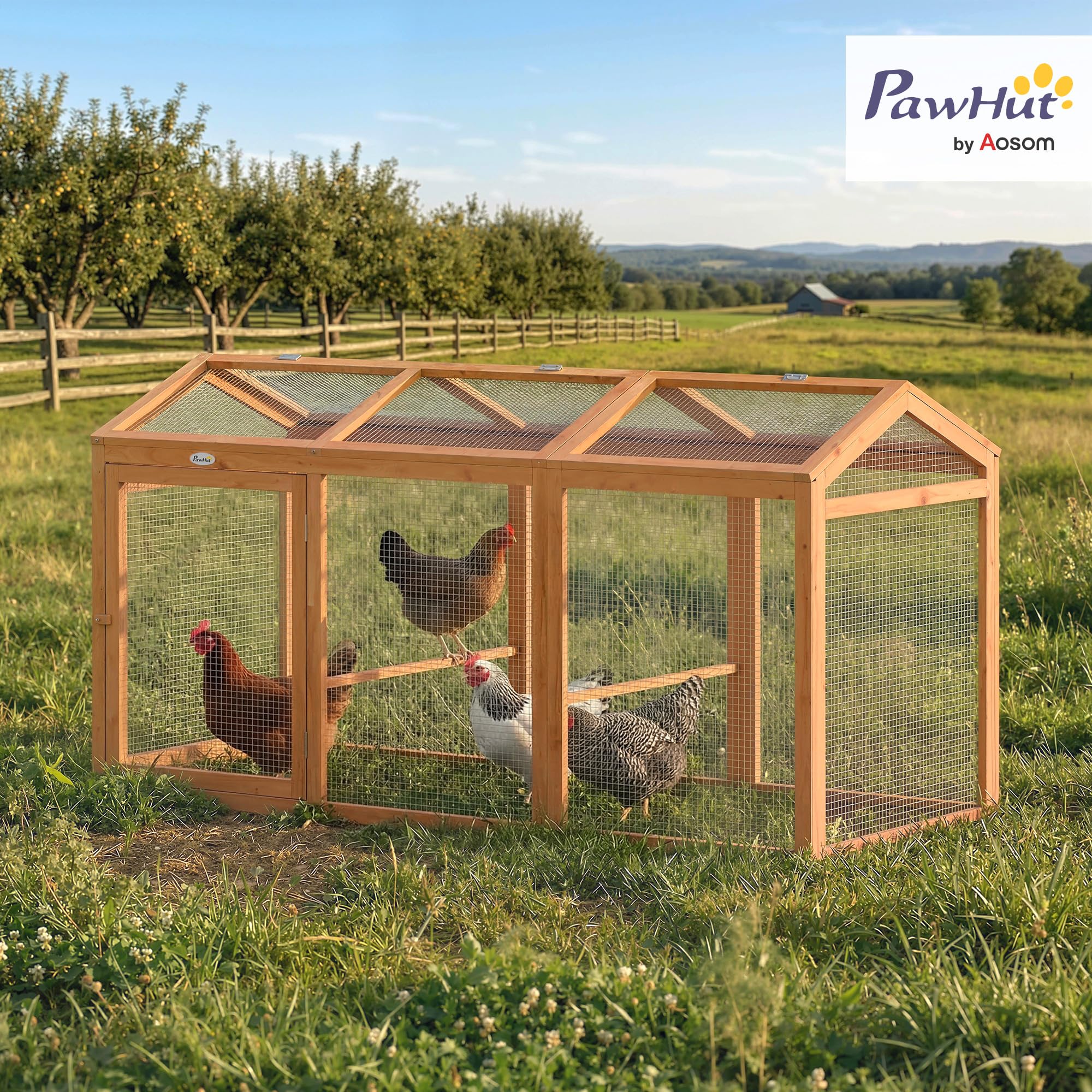PawHut Hühnerstall mit Sitzstange Doppeltüren 156 x 70,5 x 84 cm Orange | Freilaufgehege, Hühnergehege, Hühnerkäfig aus Holz und Metall, Freigehege für 4 Hühner, Kleintiere